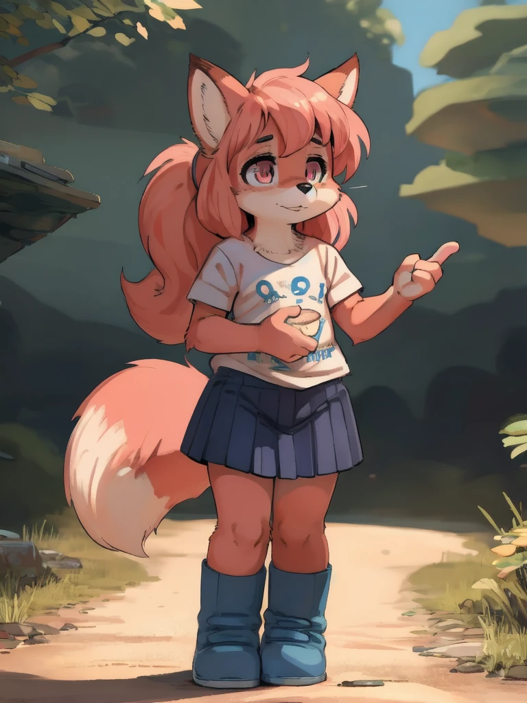 toddler, chibi, art by dagasi, Uploaded to e621.net, (Pixelsketcher), (wamudraws), (masterpiece), (HD), (high res), (feet visible), (furry anthro), (detailed fur), (detailed shading), (beautiful render art), pink hair, long hair, fluffy ears, small snout, anthro, (ddler dog), furry, (light pink fur), fox ears, (simple eyes, pink eyes), [(slim figure, flat chest, skinny)], (curvy hips), wearing a pink short-sleeved t-shirt, and blue skirt, light blue boots, wiggling his tail, playing innocently 