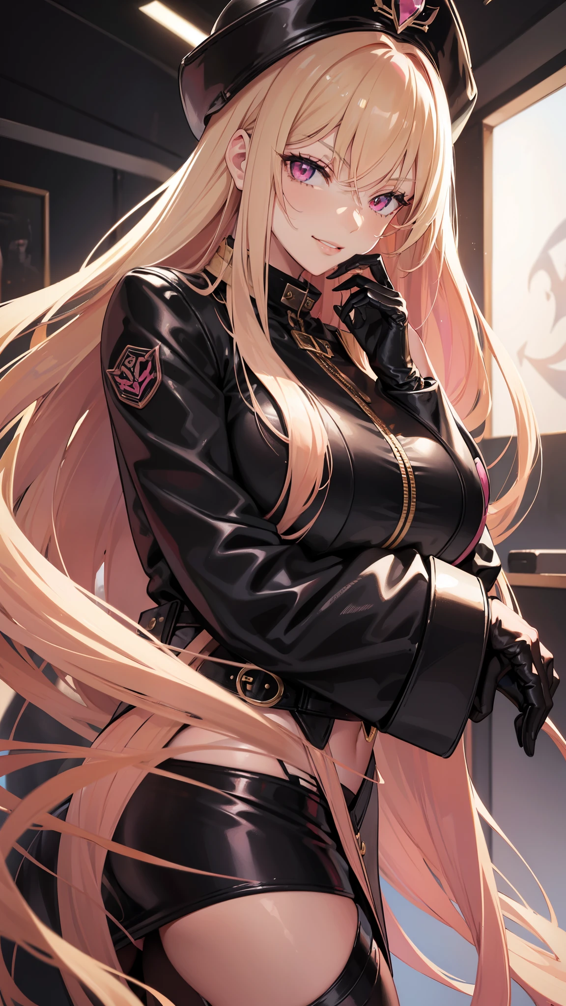 (((Adult woman))), pink eyes, (long blonde hair), black leather clothes, smirk 