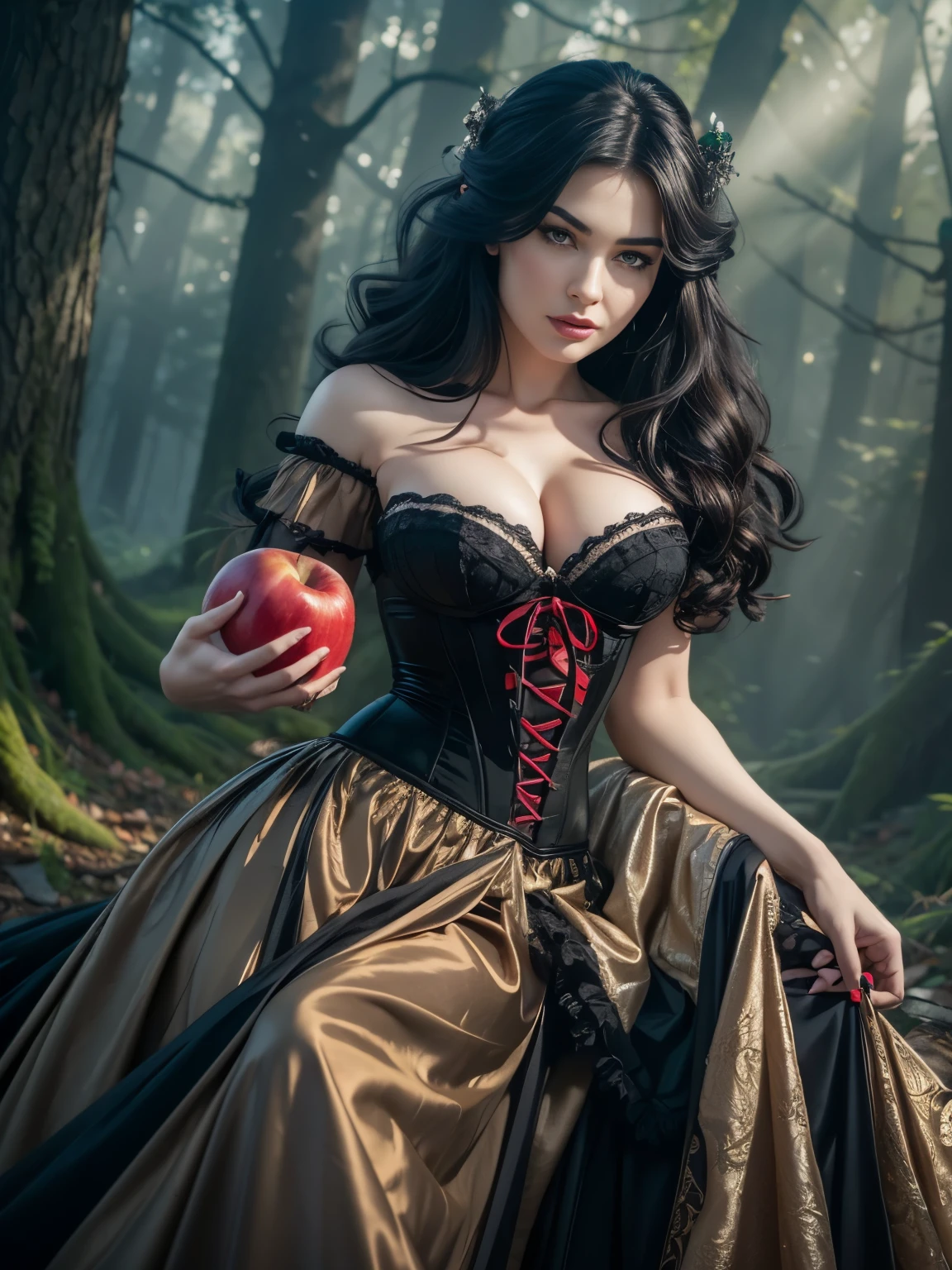 (masterpiece, photorealistic. Uhd) ((Dutch angle)). an ultra hot gorgeous European princess Snow White. Age 24. Long black wavy hair.in a corset dress, pleated skirt, black stockings. expressive green eyes, perfect face, large breast, small waist, perfect figure, highly detailed, showing cleavage, brown eyes, bangs, full body portrait, holding a red apple. in the misty woods,((walking surrounded by giant black lions )) golden hour light.