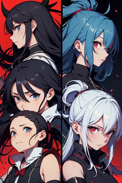 Split in the middle,Screen Split,Anime characters in a split image on a red and blue background, Gap Moe Yandere Grimdark, Anime Moe Art Style, From desire, The charming Ryuko Matoi, ryuko matoi, Devil Anime Girl, Favorite character, anime style like fate/Stay Night, Blue and Red, UFOTABLE art style, The battle between good and evil,Cure Sky,Dark Sky