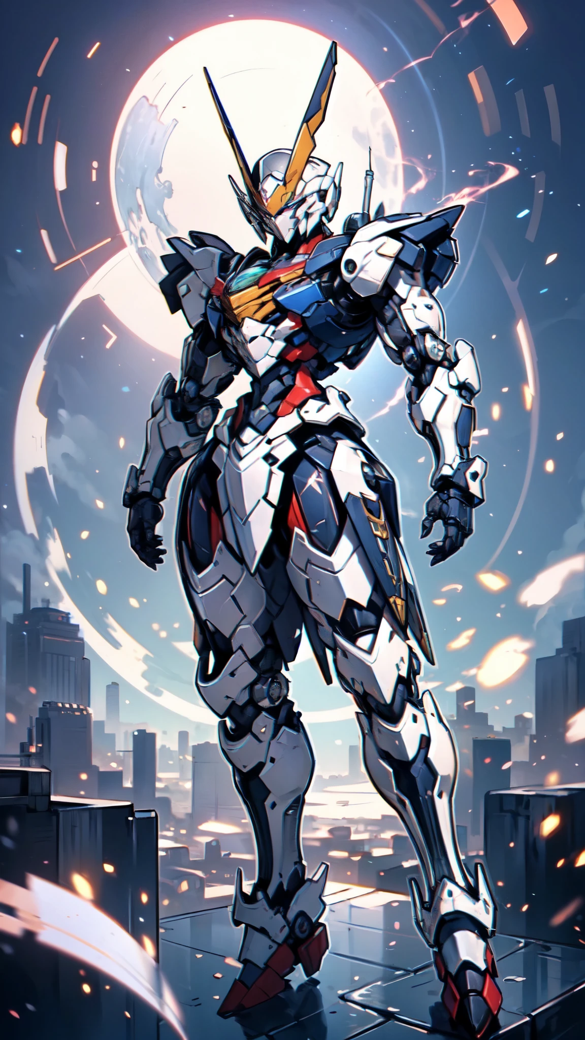 (masterpiece:1.5, best quality:1.5, extremely delicate:1.5), humanoid Mecha, fully enclosed shoulder guards, matching arm and leg guards, full body, full armor, the design balances heavy with agility, (the color scheme is primarily white with red and blue accents, the concept Inspired by Super robot, organic biotech armor, standing, floating high above the futuristic sci-fi city), exquisite and mature art style, (aura effect, energy, glowing eyes, the armor glows), ((SRS)), metallic, dramatic, high definition, highres, ultra-detailed, ultra-fine painting, professional, perfect body proportions, anatomically correct, symmetrical face, extremely detailed eyes and face, high quality eyes, creativity, RAW photo, UHD, 32k, Natural light, cinematic lighting, masterpiece-anatomy-perfect