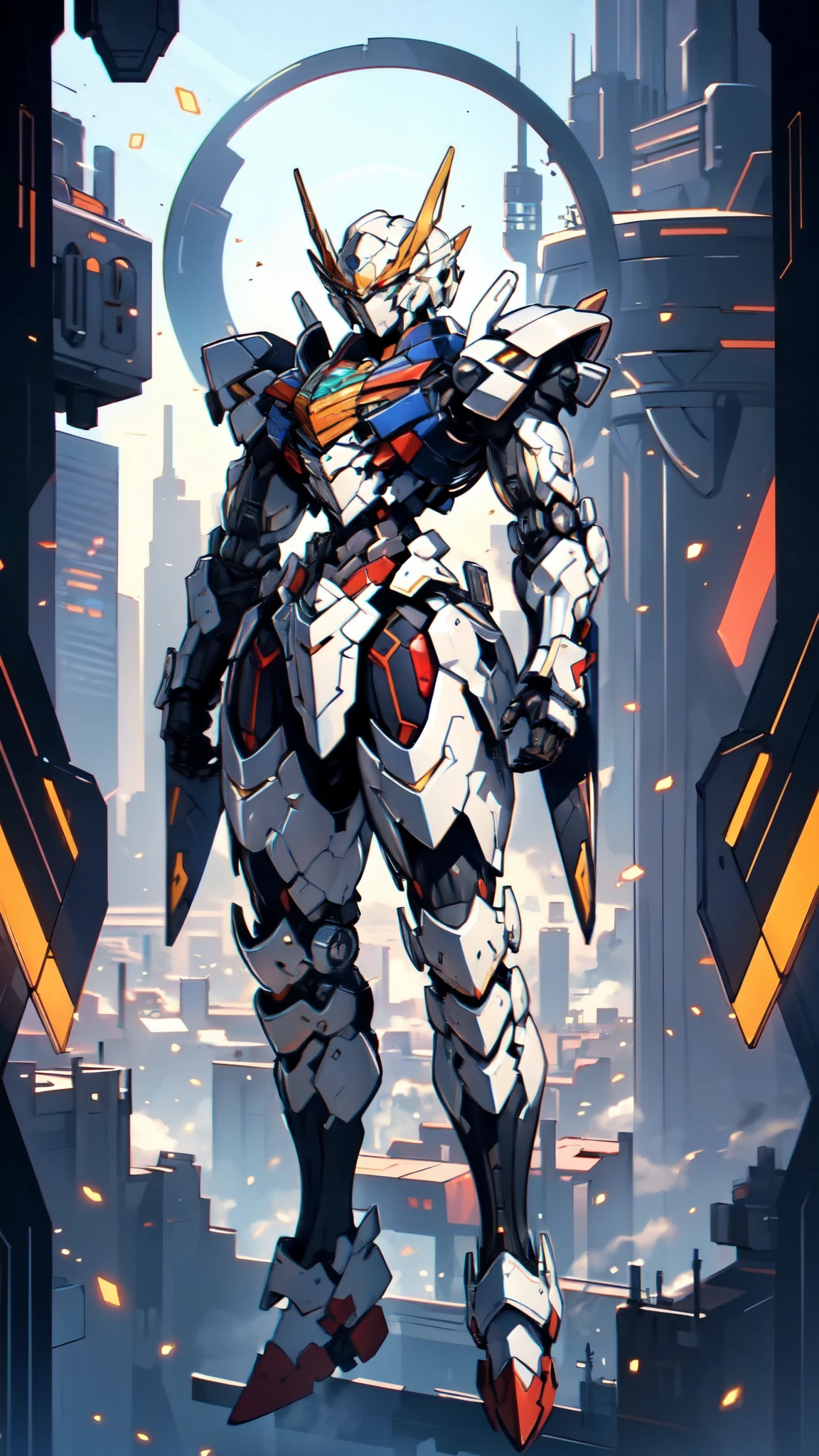 (masterpiece:1.5, best quality:1.5, extremely delicate:1.5), humanoid Mecha, fully enclosed shoulder guards, matching arm and leg guards, full body, full armor, the design balances heavy with agility, (the color scheme is primarily white with red and blue accents, the concept Inspired by Super robot, organic biotech armor, standing, floating high above the futuristic sci-fi city), exquisite and mature art style, (aura effect, energy, glowing eyes, the armor glows), ((SRS)), metallic, dramatic, high definition, highres, ultra-detailed, ultra-fine painting, professional, perfect body proportions, anatomically correct, symmetrical face, extremely detailed eyes and face, high quality eyes, creativity, RAW photo, UHD, 32k, Natural light, cinematic lighting, masterpiece-anatomy-perfect