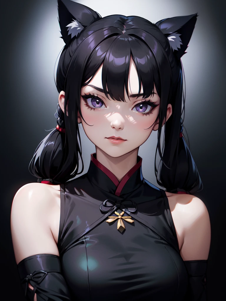 (((Portrait Photo))), She has a Graceful and Youthful 18-Year-Old Appearance, with a Strong, Muscular Build, and a Slender Figure. She has Long Black Hair, Styled in Pigtails with Twin Odang-Shaped Buns that Resemble Cat Ears. Her Dark Gray Eyes Sparkle with Elegance, Exuding a Calm Attitude. She Wears a Black Traditional Cheongsam with Bare Shoulders and Loose Sleeves. (((High Quality, Dark Background))), (((Portrait Photo)))