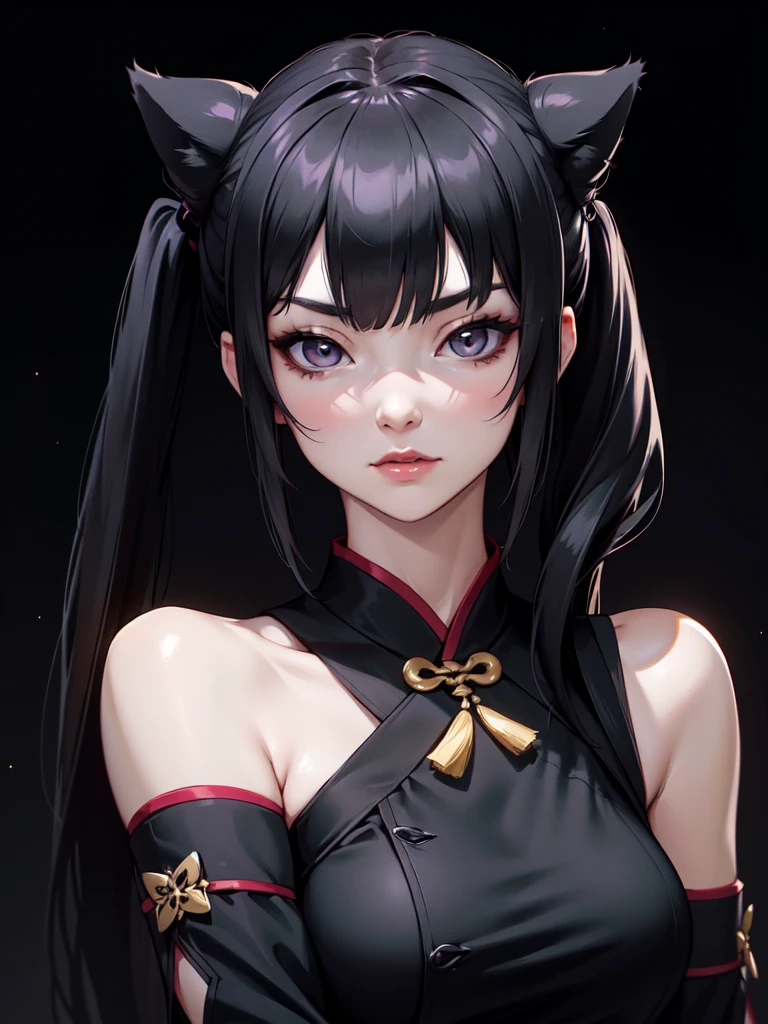 (((Portrait Photo))), She has a Graceful and Youthful 18-Year-Old Appearance, with a Strong, Muscular Build, and a Slender Figure. She has Long Black Hair, Styled in Pigtails with Twin Odang-Shaped Buns that Resemble Cat Ears. Her Dark Gray Eyes Sparkle with Elegance, Exuding a Calm Attitude. She Wears a Black Traditional Cheongsam with Bare Shoulders and Loose Sleeves. (((High Quality, Dark Background))), (((Portrait Photo)))