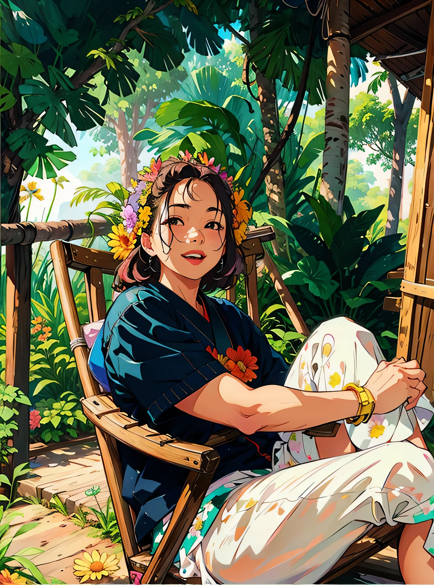 there is a woman sitting in a chair on a porch, 3 5 mm portrait, mid shot portrait, a young asian woman, portrait image, photo portrait, photo 35mm, nivanh chanthara, portrait shot, young asian woman, joy ang, sitting relax and happy, in a tree house, in a jungle, in jungleHD, (Best Detail), (Best Quality), (Illustration), (((Flowers))), ((Hair Decorating Flowers))), (((Flower Decorating))), Garden, Flowers and Plant Background, Butterfly,