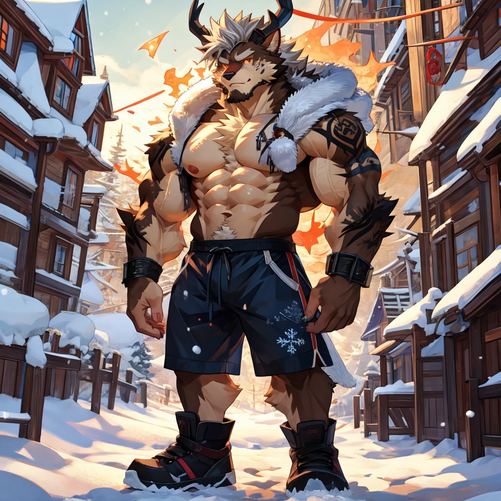 (masterpiece, Best quality:1.2), Asta from Black Clover Anime, winter, body covered in light brown fur, Furry style, Muscle flex, sexual, horny, slender build wild ,full height,very short silver hair,freckles on the body and face,glowing amber eyes,defined muscles,sharp focus, friendly, in ragged shorts, tatoo over biceps