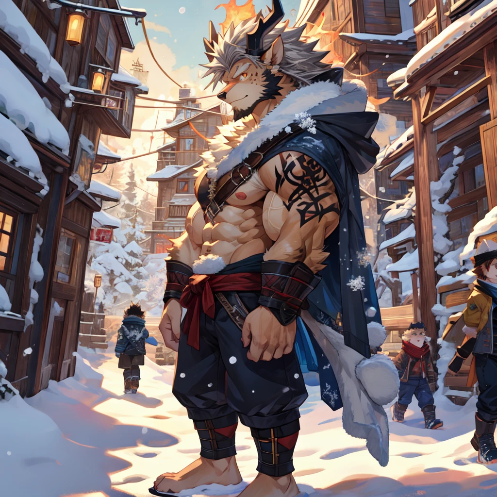 (masterpiece, Best quality:1.2), Asta from Black Clover Anime, winter, body covered in light brown fur, Furry style, Muscle flex, sexual, horny, slender build wild ,full height,very short silver hair,freckles on the body and face,glowing amber eyes,defined muscles,sharp focus, friendly, in ragged shorts, tatoo over biceps