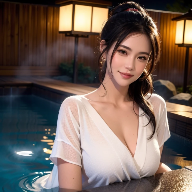 a gorgeous milf, medium length hair in ponytail, soaking wet, wearing a bath towel, smiling shyly, reddish cheeks, outdoor private onsen, hot spring, selfie, detailed facial features, beautiful eyes, (best quality,4k,8k,highres,masterpiece:1.2),ultra-detailed,(realistic,photorealistic,photo-realistic:1.37),cinematic lighting, warm color tones, photorealistic