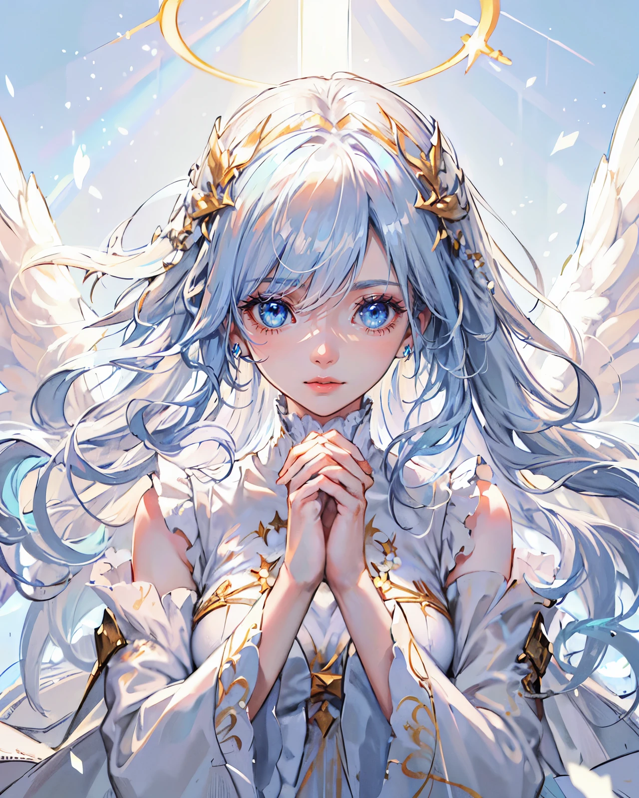 (masterpiece, best quality), solo, angel, long sky blue hair, light blue eyes, white goddess dress, wings, golden accessories, ((praying)), sky, clouds, sunrays, rainbow prism light, blue crystals, soft glow effect effect, vivid colors, intricate details, portrait, upper-body