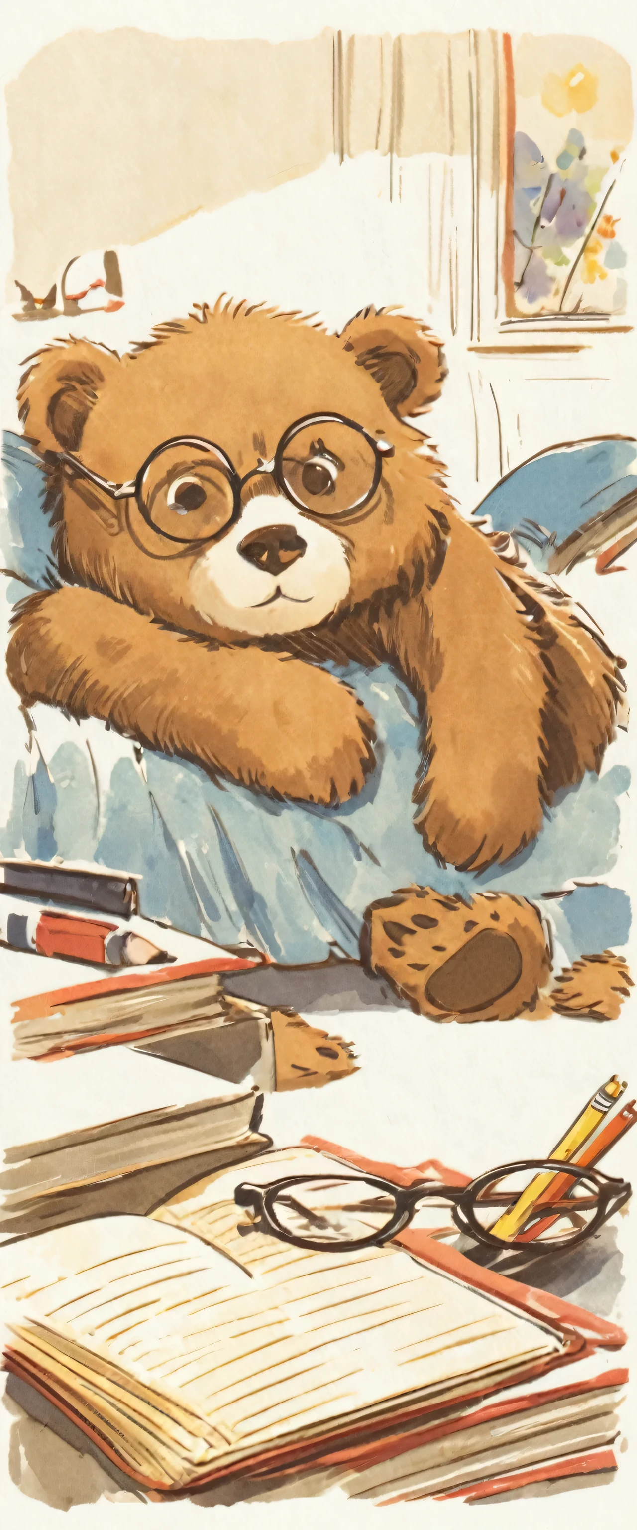bear, simple, adorable, laying on bed, studying, glasses, book, pencil