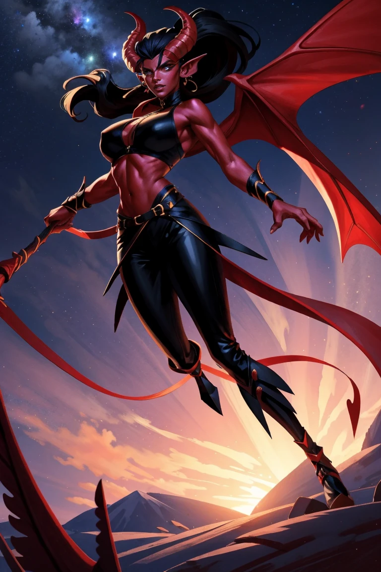 Red skin succubus tiefling, digitigrade legs, full breasts, huge breasts, black horns, wings, huge tail, black leather, crop top, long flowing pelvic curtain, tall, athletic, graceful, thin, long black ponytail. Action scene, whip. Dark scene, explosions, night sky.