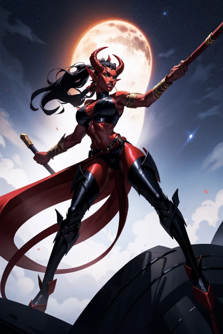 Red skin succubus tiefling, medium breasts, black horns, wings, huge tail, black leather, crop top, long flowing pelvic curtain, tall, toned, graceful, thin, long black ponytail. Action scene, whip. Dark scene, explosions, night sky.
