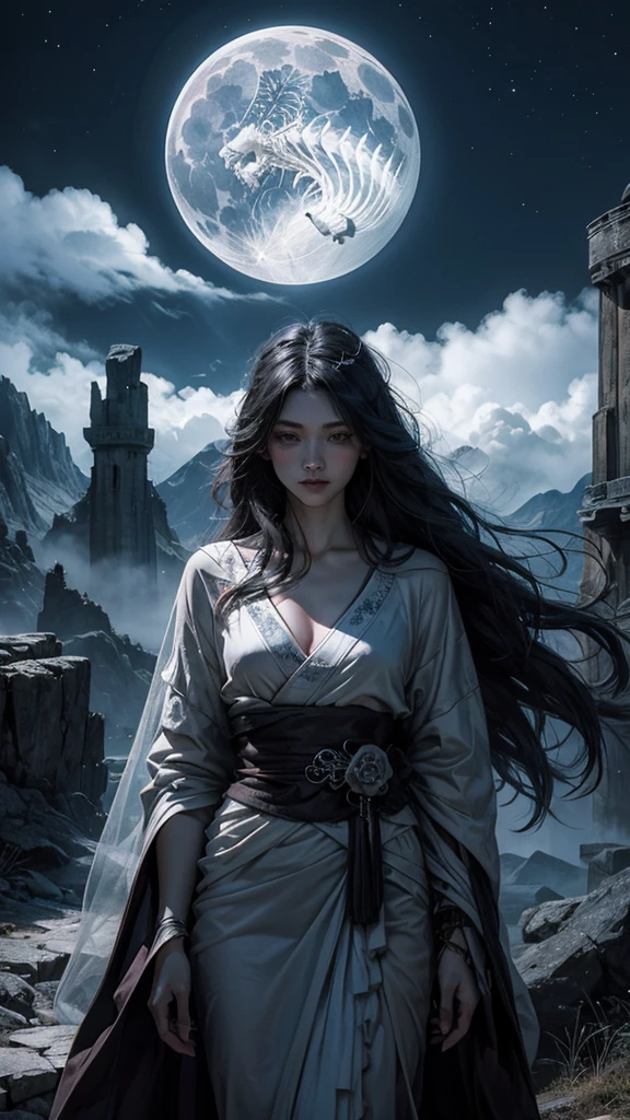 "A large bridge in the mountains at night, shrouded in mist. On the bridge stands a skeleton wearing a white kimono, with long hair flowing down. The atmosphere is eerie and mysterious, with the moonlight faintly illuminating the scene."