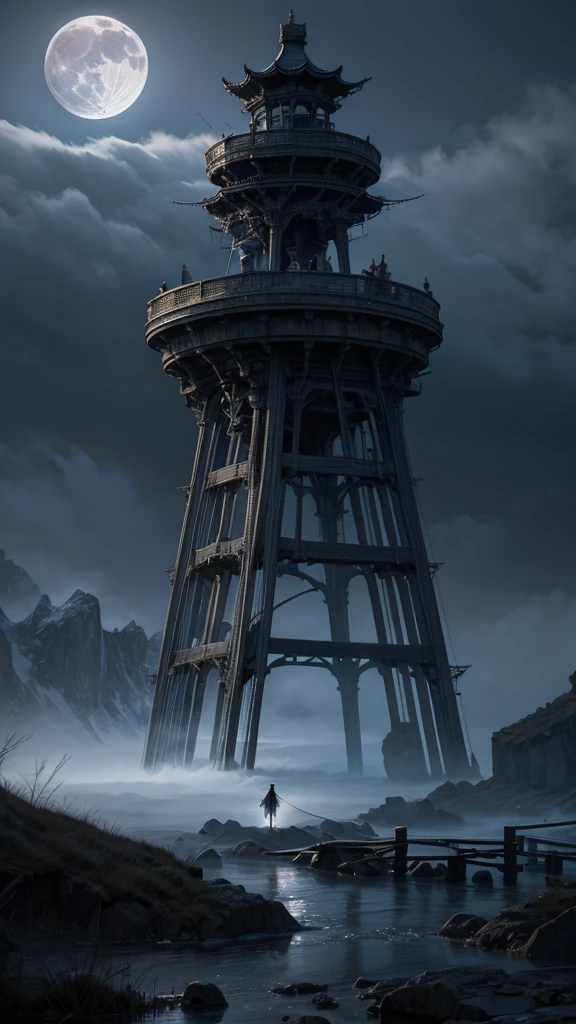 "A large bridge in the mountains at night, shrouded in mist. On the bridge stands a skeleton wearing a white kimono, with long hair flowing down. The atmosphere is eerie and mysterious, with the moonlight faintly illuminating the scene."
