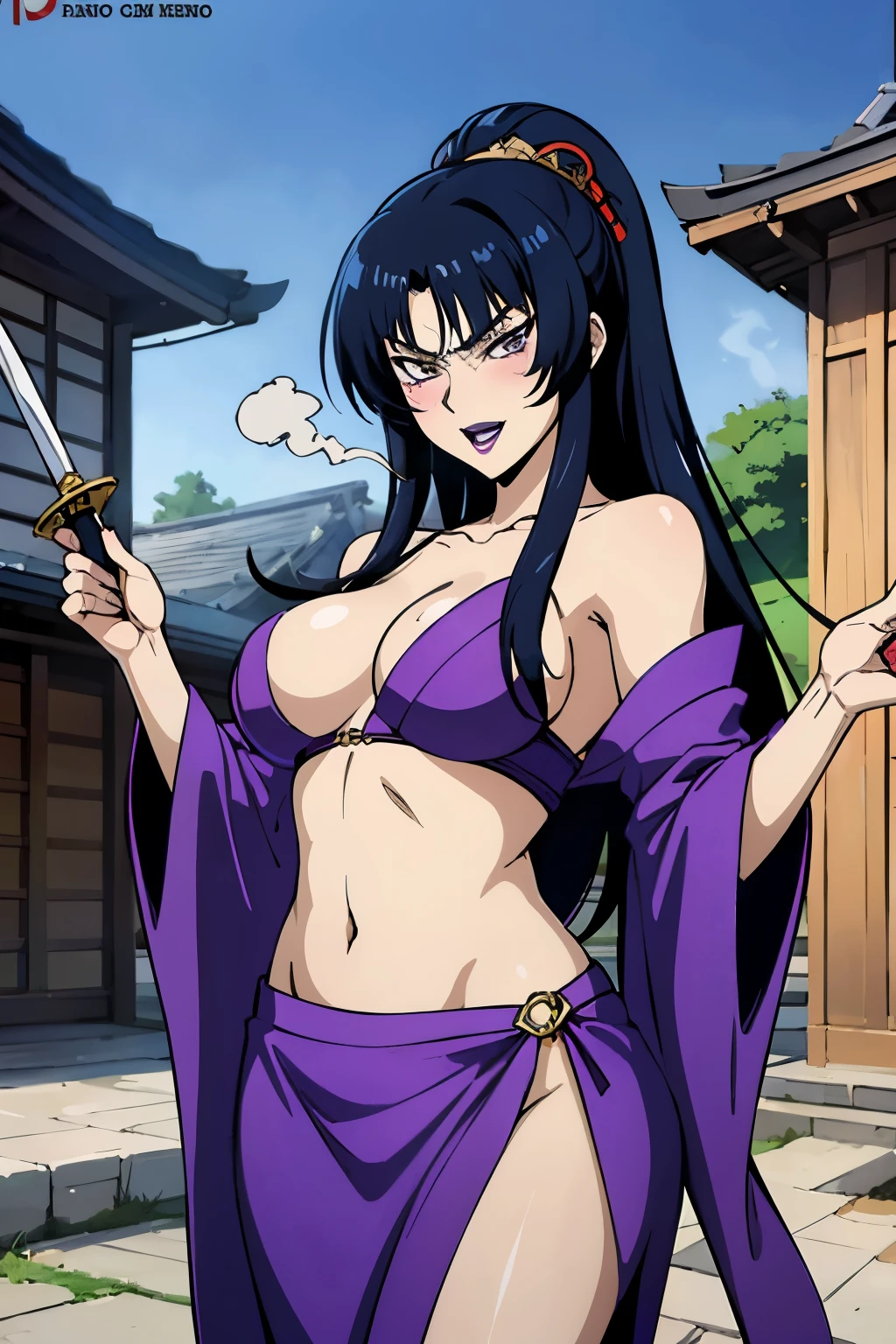 Karla,1girl,
long hair , black hair,purple eyes,purple lips,
blush, lipstick, long hair, crazy eyes ,Hot girl, baddie, staring, glaring, bad attitude, mean girl, dare, angry, hate, crazy, smoking, sensual, attractive, masterpiece, best quality, highly detailed, a anime girls in kimono dress with a sword posing for a picture, bare shoulder,open kimono, evil smile, open mouth, crop top , (nsfw) not safe for work, smile,
ecchi anime style, anime girls, ecchi style, ecchi, digital anime art!!, in anime style, official artwork, visual
novel cg, beautiful anime girl, anime style 4 k, kimono pencil skirt, exposed belly, exposed navel,
exposed midriff, exposed lower belly, outdoor, japanese architecture, temple, holding sword