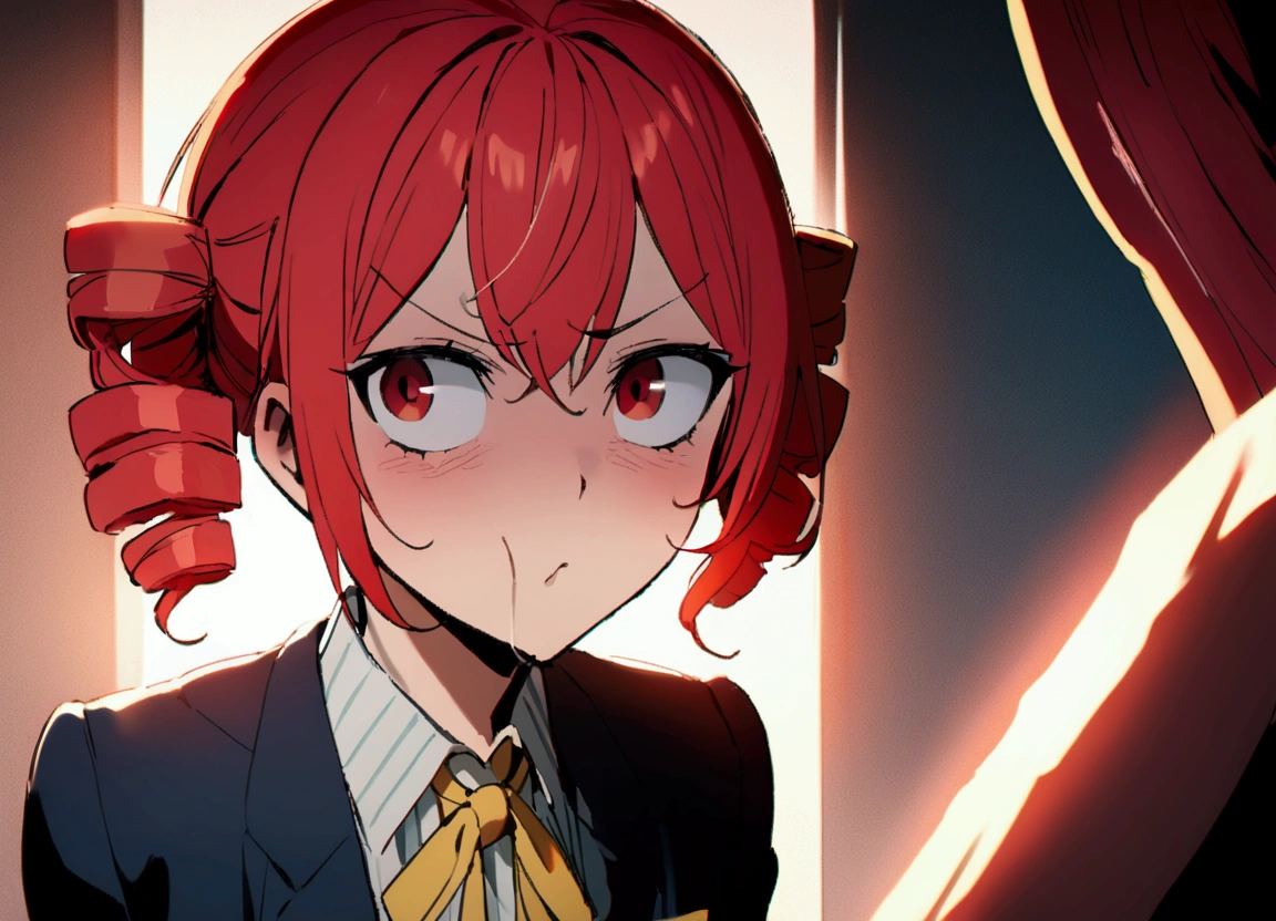 Red hair, whistling, school blazer, dumb face