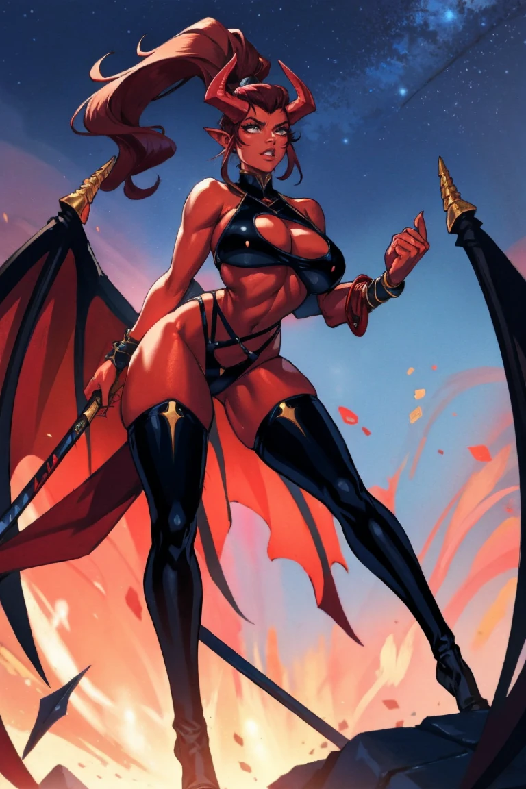 Red skin succubus tiefling, digitigrade legs, full breasts, huge breasts, black horns, wings, huge tail, black leather, crop top, long flowing pelvic curtain, tall, athletic, graceful, thin, long black ponytail. Action scene, whip. Dark scene, explosions, night sky.
