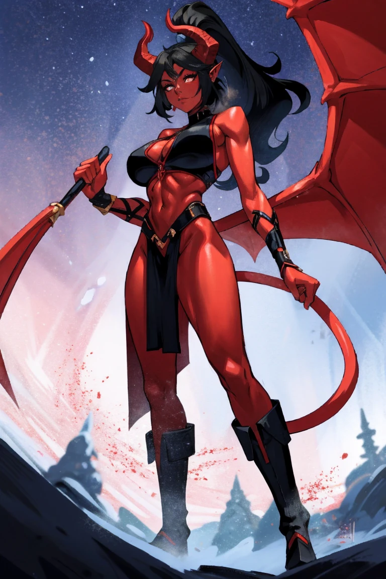 Red skin succubus tiefling, digitigrade legs, full breasts, huge breasts, black horns, wings, huge tail, black leather, crop top, long flowing pelvic curtain, tall, athletic, graceful, thin, long black ponytail. Action scene, whip. Dark scene, explosions, night sky.