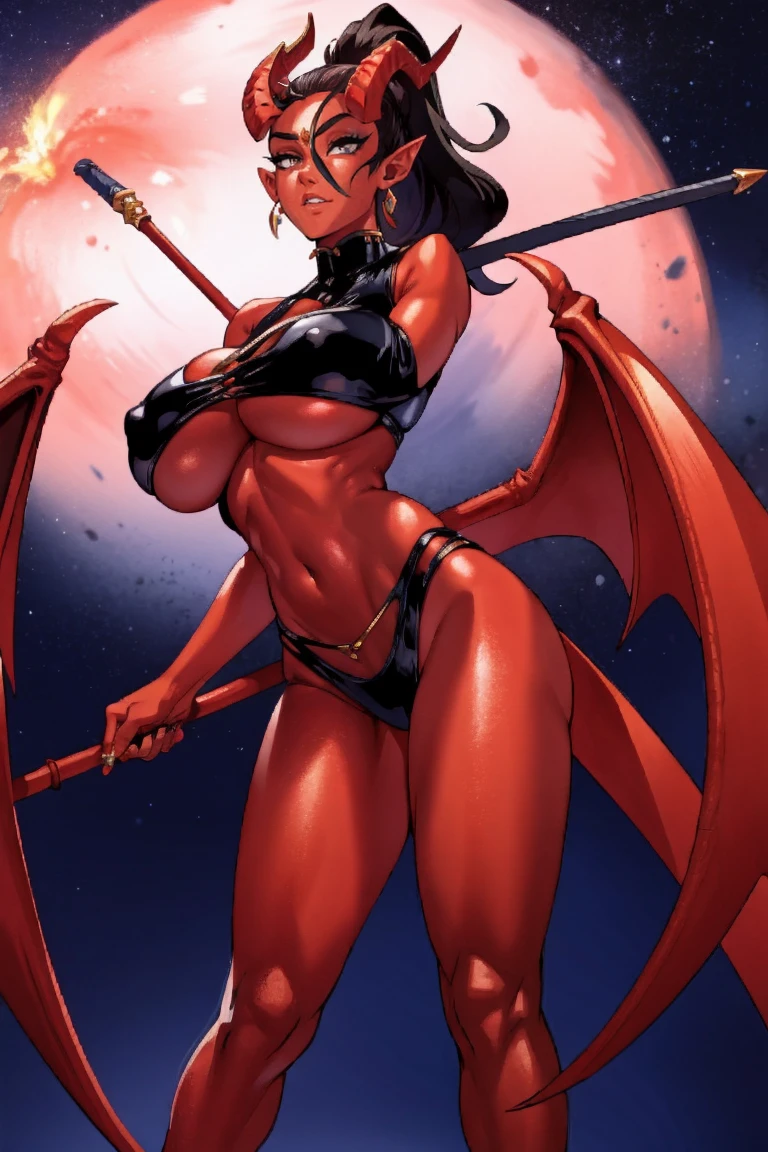 Red skin succubus tiefling, digitigrade legs, full breasts, huge breasts, black horns, wings, huge tail, black leather, crop top, long flowing pelvic curtain, tall, athletic, graceful, thin, long black ponytail. Action scene, whip. Dark scene, explosions, night sky.