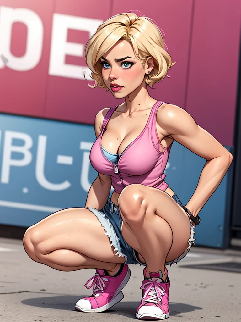 Blonde girl, with short hair, wearing a pink and white tank top, with cleavage, shiny and defined breasts, wearing short denim shorts, with the zipper open, squatting, hot girl, wearing pink sneakers