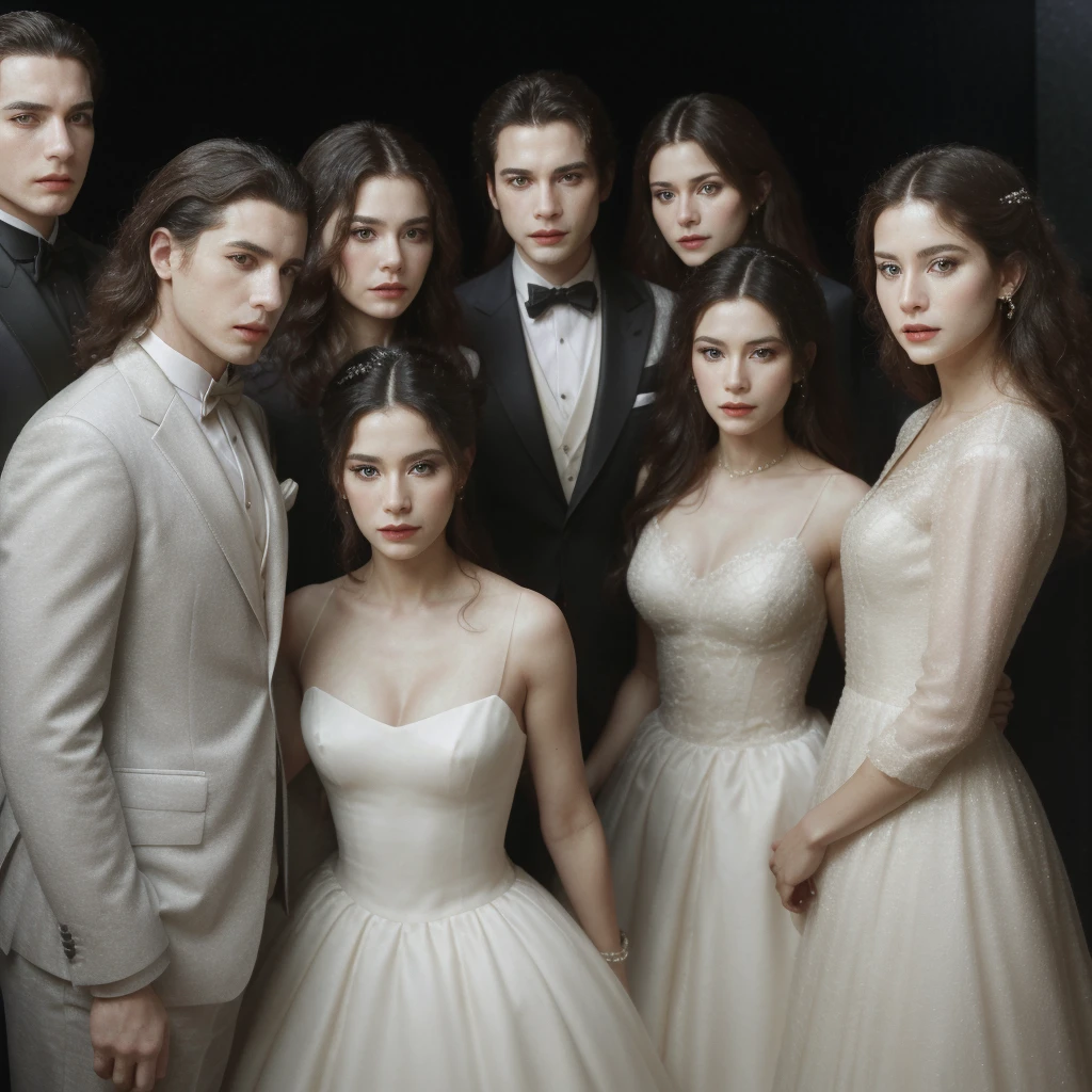 Three men and three women are standing on the opera stage, the three men are wearing black suits and the three women are wearing elegant long white dresses, close up, realistic photo