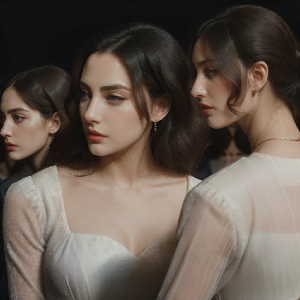 Three men and three women are standing on the opera stage, the three men are wearing black suits and the three women are wearing elegant long white dresses, close up, realistic photo