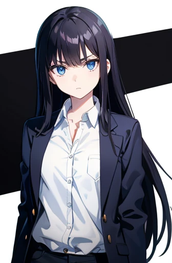 standing, from front, cowboy shot,one girl, Black hair, long hair, straight hair,Blue eyes, white skin, Afraid, teenager, high school girl, , jacket/blazer, slim, looking at viewer, white background