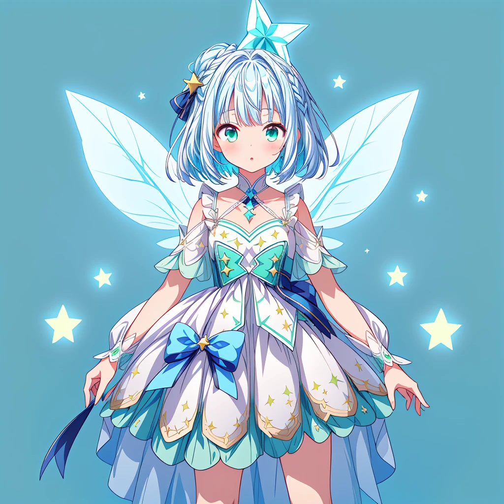 1girl、Star Fairy、Star incarnation、Character design front view、A picture facing the viewer、(((Super detailed、Highest quality、Masterpiece)))、Original cute hairstyle、Milky white and blue hair color、Simple Green Background、vtuber-fullbody,