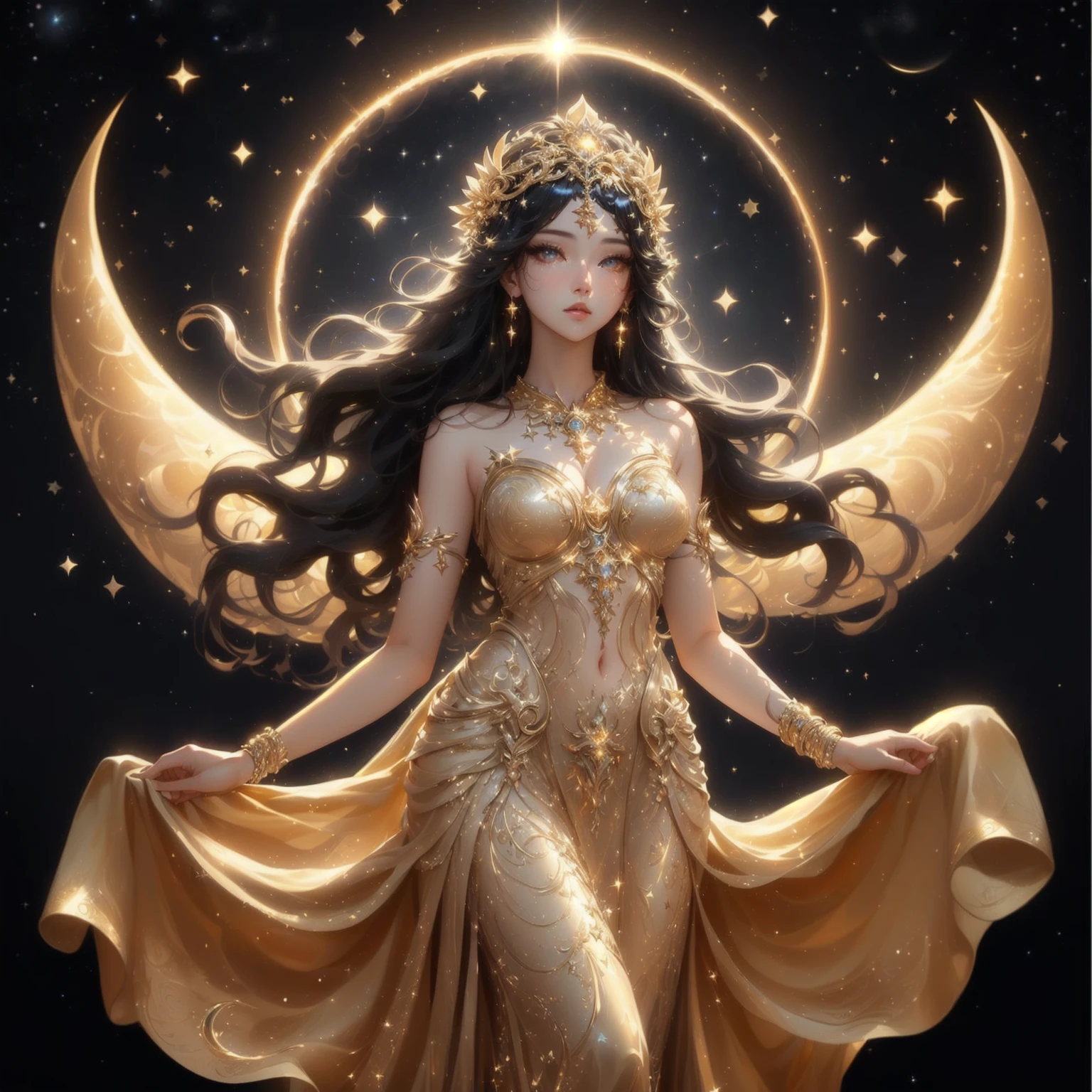 A woman in a golden dress stands in front of a starry sky., celestial goddess, beautiful heavenly mage, gorgeous goddess of leo, Argerm Julie Bell Beeple, goddess of light, moon goddess, as the goddess of the sun, Carole Bak and Peter Mohbacher, goddess. Very high detail, goddess of the sun, lunar goddess , Saw the navel. , star background , black hair , golden sparkle , golden eyes