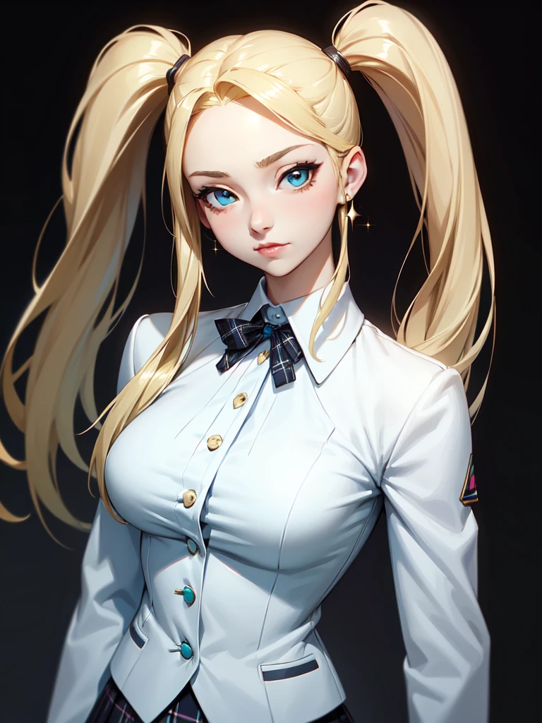 (((Portrait Photo))), She has an Elegant and Youthful 15-Year-Old Appearance, with a Small, Slender Build, Flat Breasts, and an Athletic Figure. She has Long Blonde Hair, Styled in Two Long, Thick Pigtails Falling Over Her Shoulders. Her Teal Eyes Sparkle with Enthusiasm and Confidence, Exuding an Assertive and Self-Assured Attitude. She Wears a Traditional  Consisting of a White Blouse, a Plaid Skirt, and a White Blazer. (((High Quality, Dark Background))), (((Portrait Photo)))