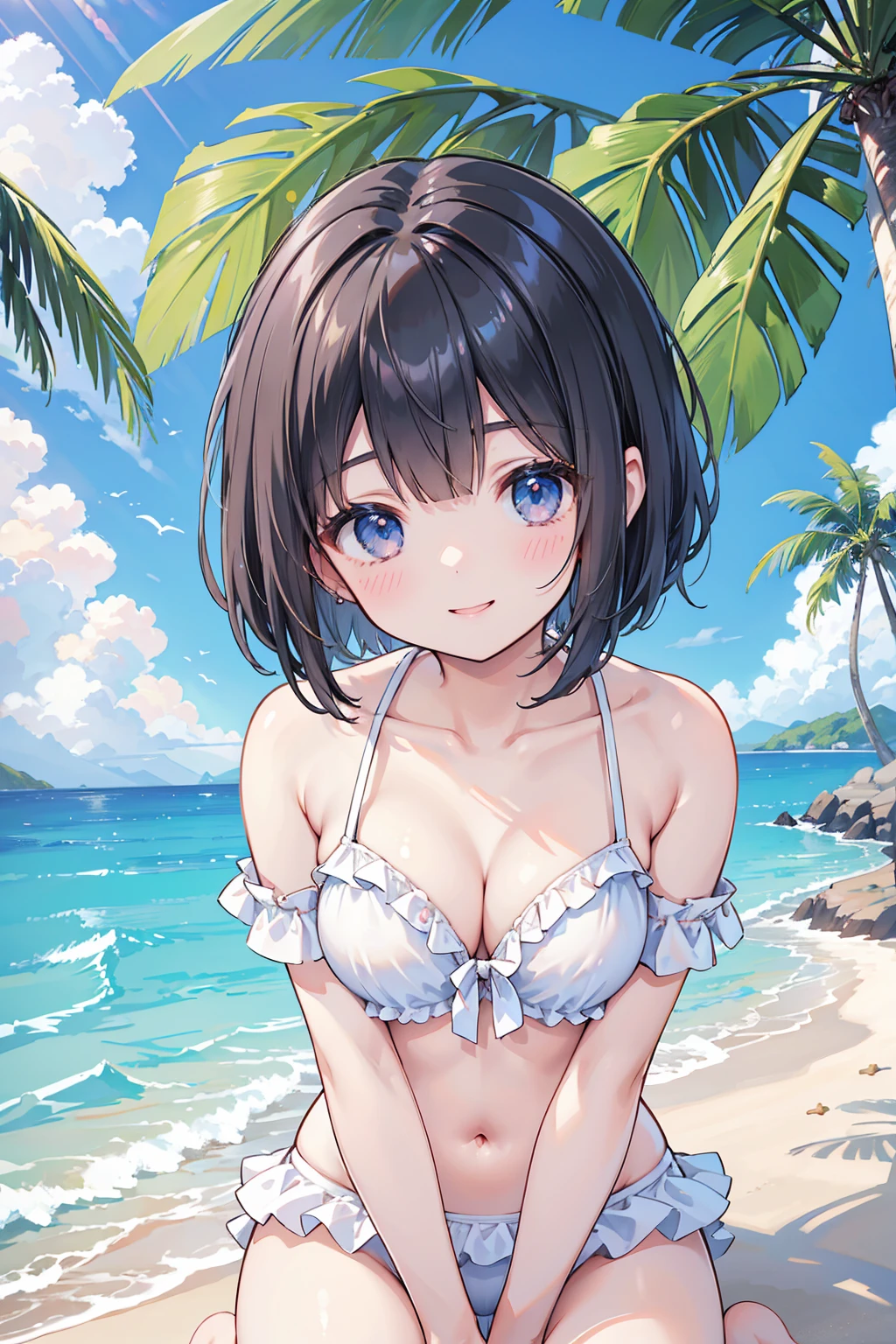 Photorealistic、Highest quality、Highest Resolution、Highest quality、8K、One beautiful woman、cute、Bob Cut Hair、Dark Hair Color、Big Breasts、Beautiful breasts、cute水着、Frilled bikini、Beautiful sea、Beautiful beaches、looks fun、Frolic with a smile、