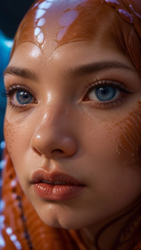 A stunning hyperrealistic close-up photograph of a Alaska Red Salmon's head. The salmon's eyes glisten with a fierce intensity, while its scales shimmer with vibrant shades of red and orange. The background is a blend of cool, blue tones and soft, white light, creating a dramatic contrast with the salmon's warm colors. The overall composition is a celebration of the salmon's beauty and the richness of its natural habitat.