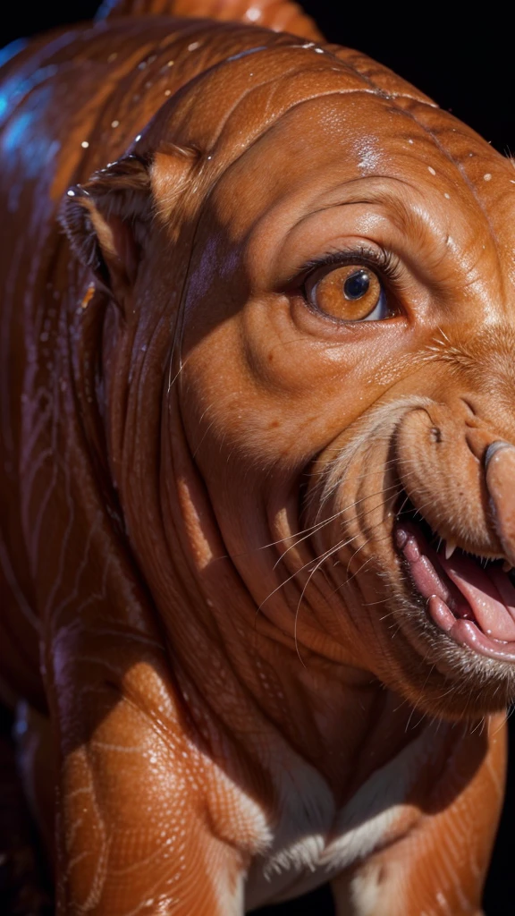 A stunning hyperrealistic close-up photograph of a Alaska Red Salmon's head. The salmon's eyes glisten with a fierce intensity, while its scales shimmer with vibrant shades of red and orange. The background is a blend of cool, blue tones and soft, white light, creating a dramatic contrast with the salmon's warm colors. The overall composition is a celebration of the salmon's beauty and the richness of its natural habitat.
