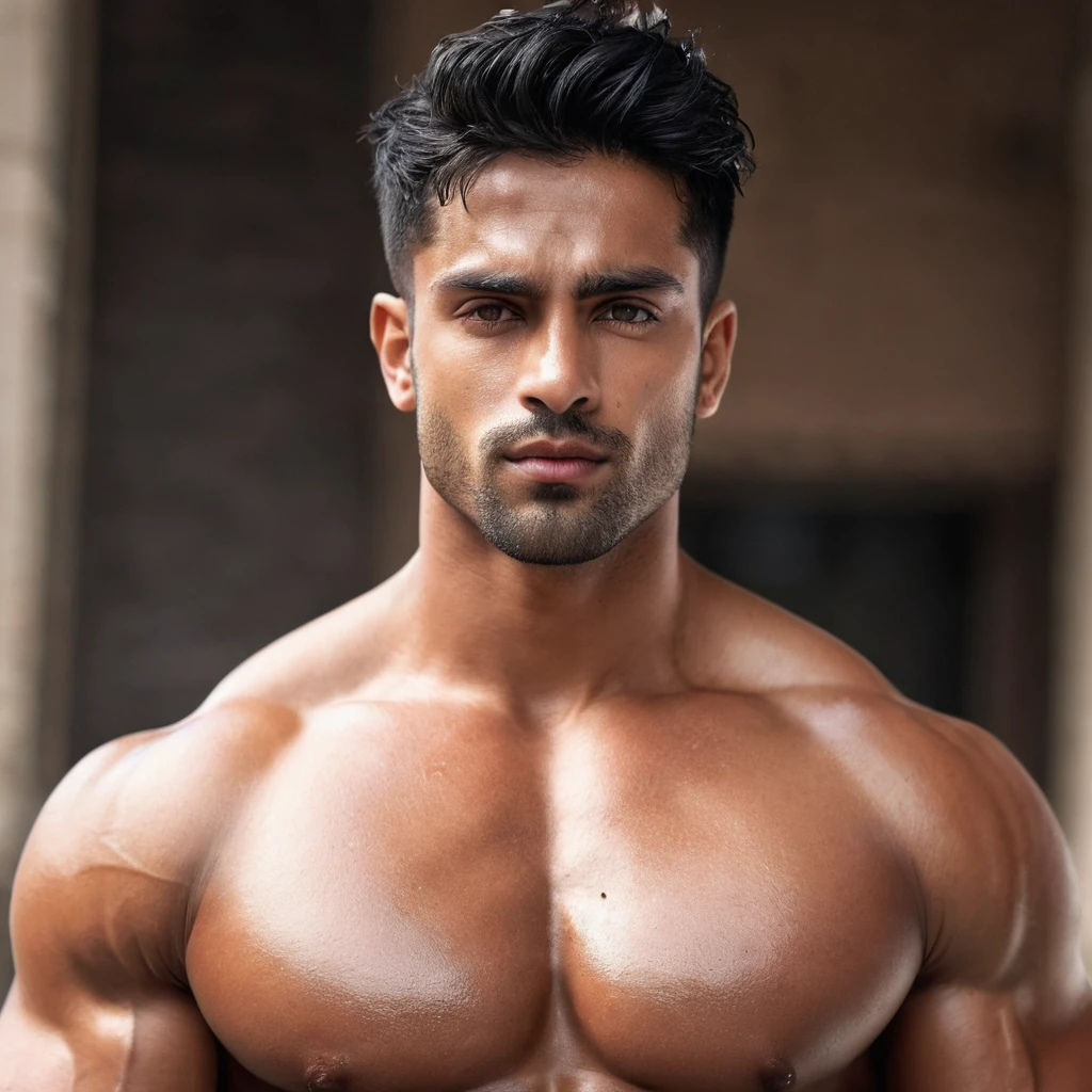 tmasterpiece, Best quality at best, 8K high resolution, absurd res, actual, grabbing own pecs, There are scars on the nose, Bright, sexy and charming eyes,eBlack eyeelancholy Look,1boys, Alone, short detailed hair, pectoral focus, large pecs, Be red in the face, , black color hair, Seven doppelgangers, Muscular, smooth and shiny,Naked,Royal gold,looking at viewert, indian male instagram model influencer