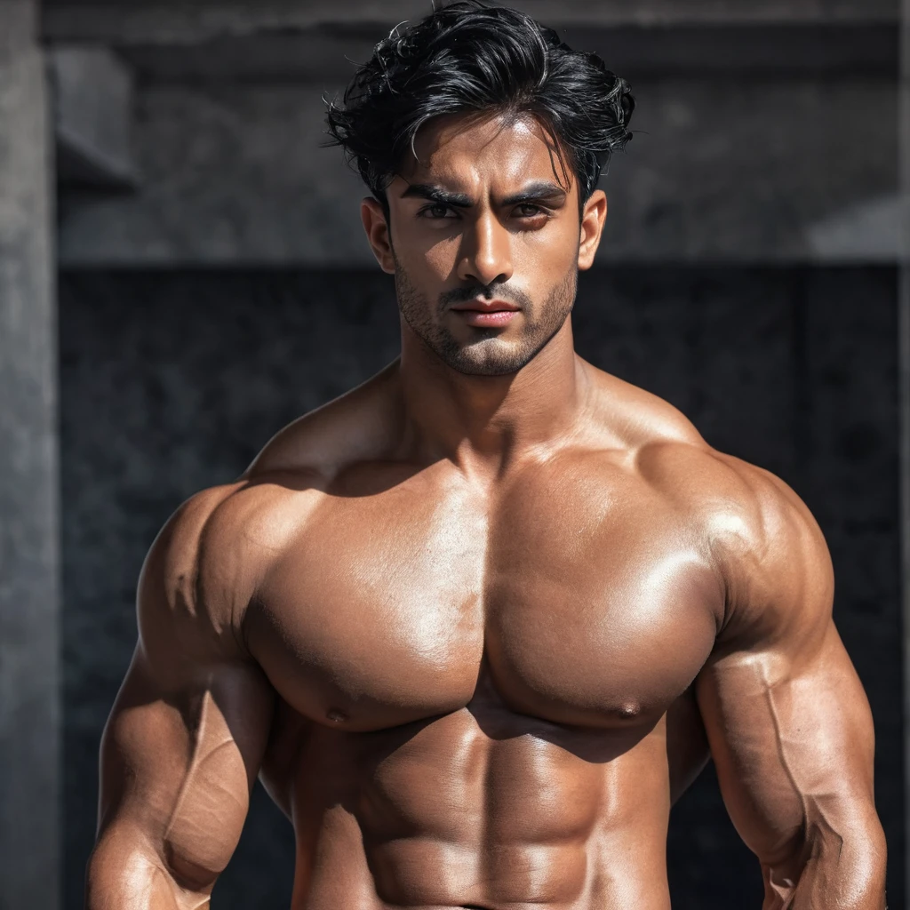 tmasterpiece, Best quality at best, 8K high resolution, absurd res, actual, grabbing own pecs, There are scars on the nose, Bright, sexy and charming eyes,eBlack eyeelancholy Look,1boys, Alone, short detailed hair, pectoral focus, large pecs, Be red in the face, , black color hair, Seven doppelgangers, Muscular, smooth and shiny,Naked,Royal gold,looking at viewert, indian male instagram model influencer