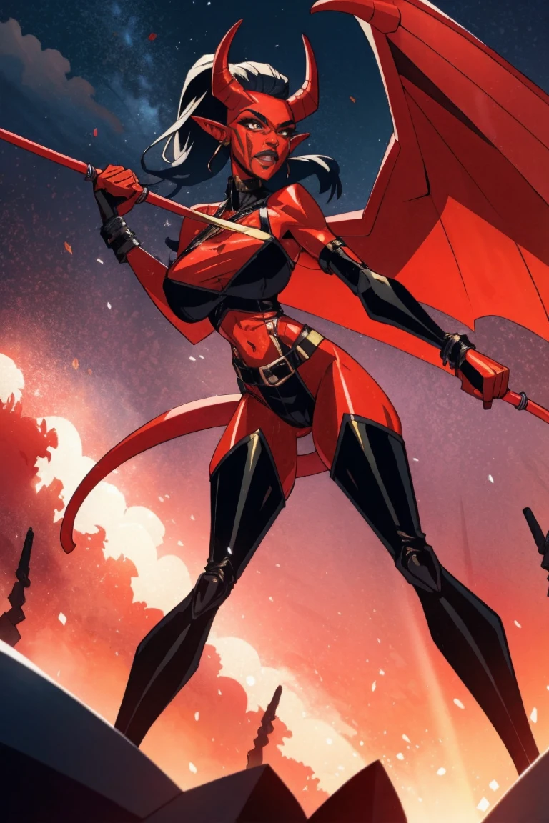 Red skin succubus tiefling, digitigrade legs, full breasts, huge breasts, black horns, wings, huge tail, black leather, crop top, long flowing pelvic curtain, tall, athletic, graceful, thin, long black ponytail. Action scene, whip. Dark scene, explosions, night sky.