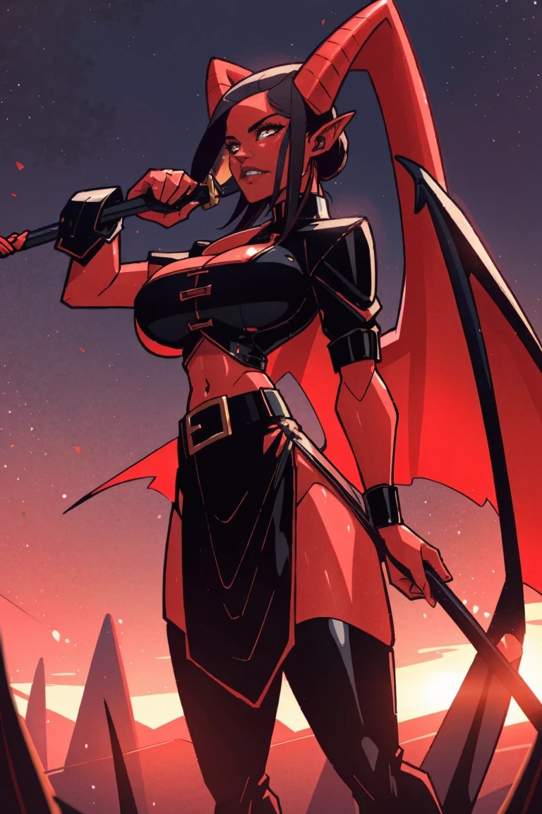 Red skin succubus tiefling, digitigrade legs, full breasts, huge breasts, black horns, wings, huge tail, black leather, crop top, long flowing pelvic curtain, tall, athletic, graceful, thin, long black ponytail. Action scene, whip. Dark scene, explosions, night sky.