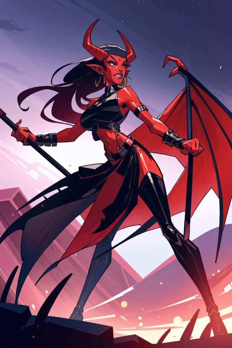 Red skin succubus tiefling, digitigrade legs, full breasts, huge breasts, black horns, wings, huge tail, black leather, crop top, long flowing pelvic curtain, tall, athletic, graceful, thin, long black ponytail. Action scene, whip. Dark scene, explosions, night sky.