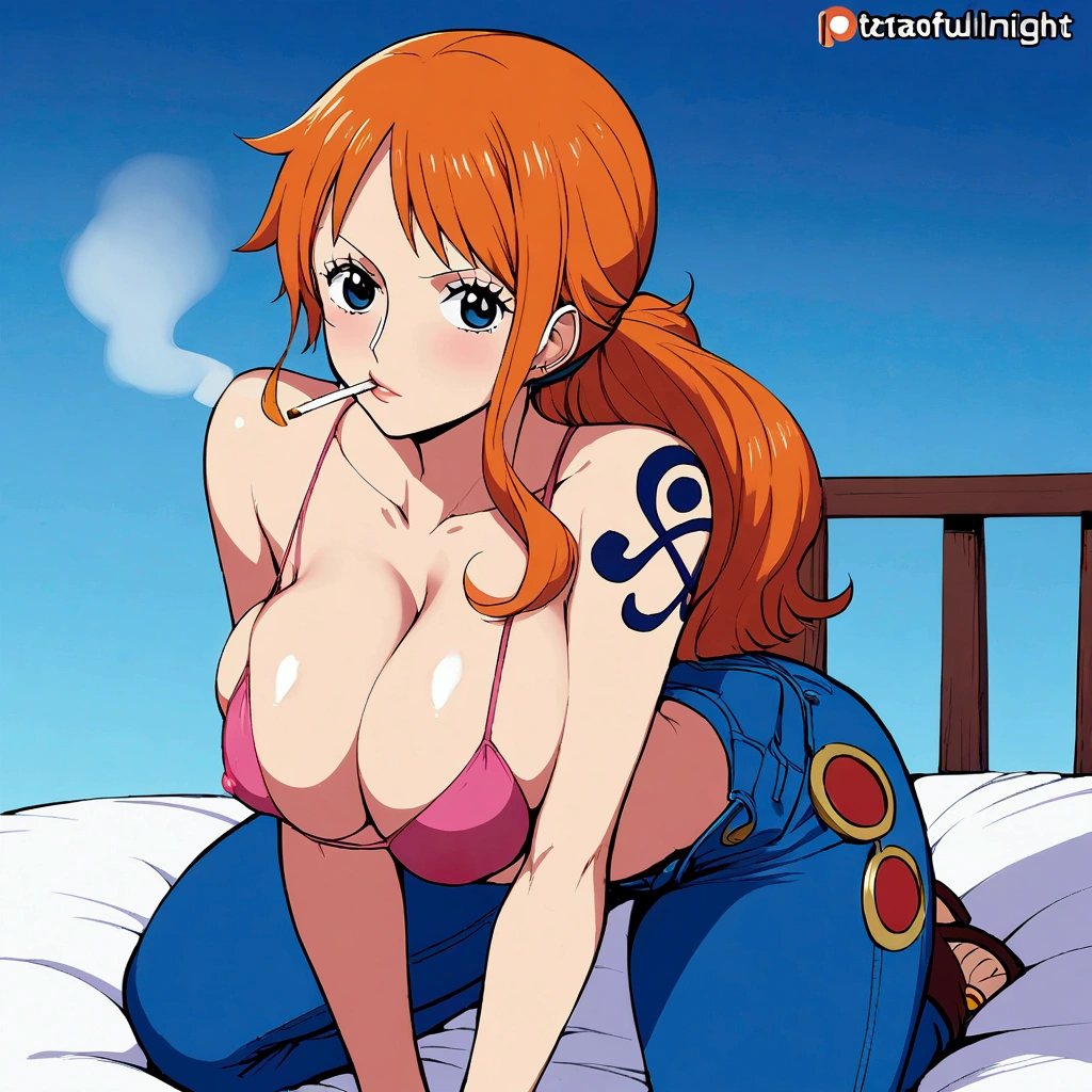 a cartoon picture of a woman in a bikini top and jeans, nami one piece, nami from one piece, nami, beautiful portrait of nami, from one piece, oppai, blue eyes, smoking, ponytail, nsfw