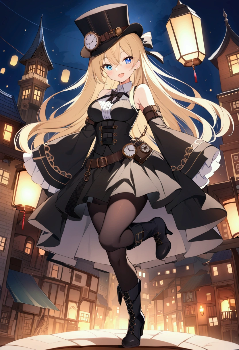 slender, mature female, 1girl, lantern, long_hair, hat, blue_eyes, blonde_hair, open_mouth, smile, solo, steampunk, :d, boots, belt, black_headwear, breasts, wide_sleeves, detached_sleeves, bare_shoulders,looking_at_viewer, long_sleeves, standing, buckle, black_legwear, pantyhose, clock, medium_breasts, black_skirt, black_footwear,paper_lantern, bangs, blush, dress, eyebrows_visible_through_hair, tower, arm_belt, gears, very_long_hair, high_heel_boots, holding, lamp, bag, sleeveless, corset, skirt, black_dress, standing_on_one_leg, chain, belt_buckle,high_heels, shirt, bow,black_sleeves, outdoors, night_sky, hair_between_eyes, sleeves_past_wrists, candle, crop_top, floating_hair, clock_tower, ribbon