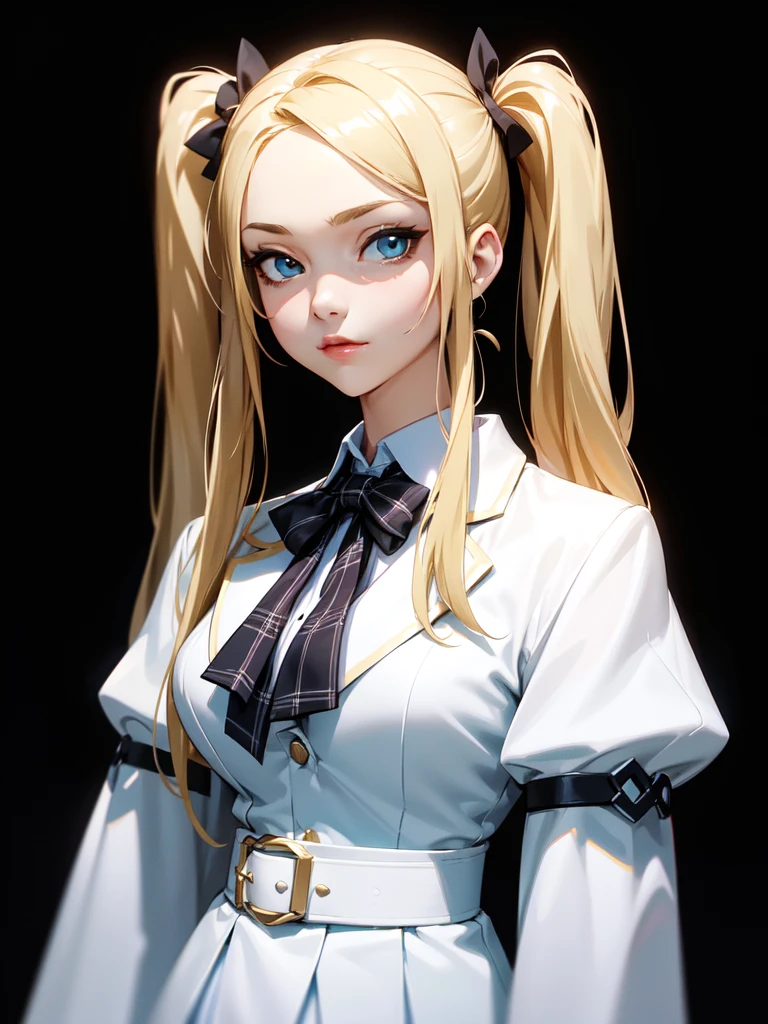 (((Portrait Photo))), She has an Elegant and Youthful 15-Year-Old Appearance, with a Small, Slender Build, Flat Breasts, and an Athletic Figure. She has Long Blonde Hair, Styled in Two Long, Thick Pigtails Falling Over Her Shoulders. Her Teal Eyes Sparkle with Enthusiasm and Confidence, Exuding an Assertive and Self-Assured Attitude. She Wears a Traditional Consisting of a White Blouse, a Plaid Skirt, and a White Blazer. (((High Quality, Dark Background))), (((Portrait Photo)))