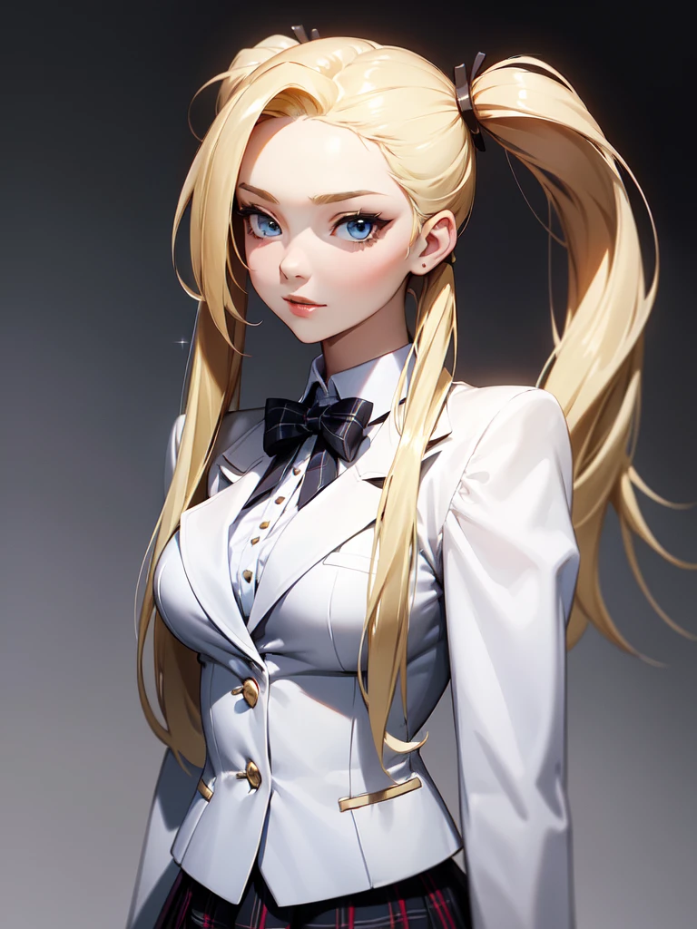 (((Portrait Photo))), She has an Elegant and Youthful 15-Year-Old Appearance, with a Small, Slender Build, Flat Breasts, and an Athletic Figure. She has Long Blonde Hair, Styled in Two Long, Thick Pigtails Falling Over Her Shoulders. Her Teal Eyes Sparkle with Enthusiasm and Confidence, Exuding an Assertive and Self-Assured Attitude. She Wears a Traditional Consisting of a White Blouse, a Plaid Skirt, and a White Blazer. (((High Quality, Dark Background))), (((Portrait Photo)))