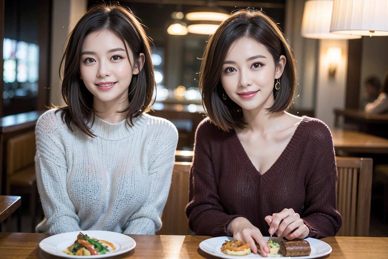 ((Highest quality、8k、masterpiece:1.3))、Shortcuts、cute、slimカップル、modelカップル、actress男優、(Realistic, Intricate details:1.2), full-course dinner、wine 、Amazing view of the sunset sky and clouds、A bright smile、short hair,Bright Face、 (45 years old), 42 years old, 赤wine 、Appetizers、Italian food、wine bottle、Champagne、スパークリングwine、Two beauties、Brown Hair、Shortcuts、Long sleeve shirt、dress、Beautiful woman 1, (slimな顔), (The body is slim), (Brown Hair), (Shortcuts), cheeks turn a little red,Attractive beauty、restaurant, In a prominent place (From the waist up) Nova Frog Style, actress, model, Upper Body, 白wine, slim, wineグラス, 中央に置かれたwineグラス, smile, (smile: 1.15), Beautiful fine grain, Depth f/2,saturation, High Contrast, Strong light and shadow,Moist Body:1.5、3D texture、Delicate eyes、Brown Hair、The hair is very shiny、