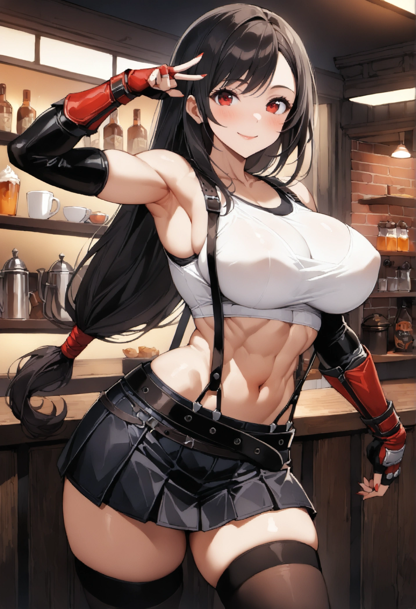 (score_9, score_8_up, score_7_up),  ((best quality, masterpiece)),perfect anatomy,((aesthetic,very aesthetic)),official style,((intricate.hyper-detailed)),overall detail, ((ultra-high resolution)), 1girl, tifa lockhart, final fantasy,(beautiful woman).tareme, black hair, low-tied long hair, red eyes, bangs, white tank top,gap, belt, pleated skirt, thighhighs, elbow fingerless gloves, elbow pads, midriff, navel,suspender skirt.zettai ryouiki ,,(large_breasts:1.3),Solo,mediumshot,looking_at_viewer,contrapposto pose, (vibrant, joyful),cafe and bar, ,Framin,specular reflection,close-up of toned abdomen , ,