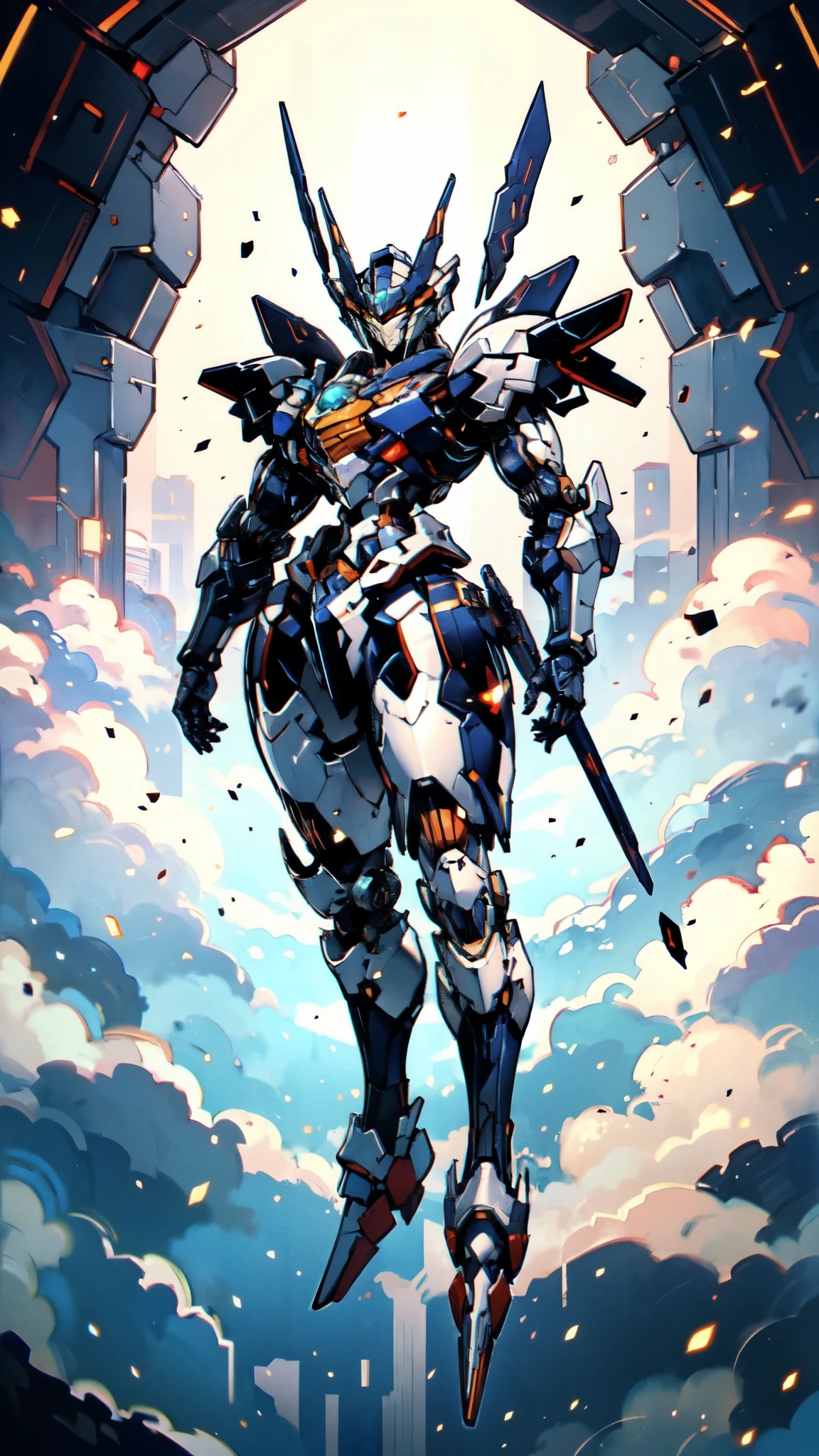 (masterpiece:1.5, best quality:1.5, extremely delicate:1.5), humanoid Mecha, fully enclosed shoulder guards, matching arm and leg guards, full body, full armor, the design balances heavy with agility, (the color scheme is primarily white with red and blue accents, the concept Inspired by Super robot, organic biotech armor, standing, floating high above the futuristic sci-fi city), exquisite and mature art style, (aura effect, energy, glowing eyes, the armor glows), ((SRS)), metallic, dramatic, high definition, highres, ultra-detailed, ultra-fine painting, professional, perfect body proportions, anatomically correct, symmetrical face, extremely detailed eyes and face, high quality eyes, creativity, RAW photo, UHD, 32k, Natural light, cinematic lighting, masterpiece-anatomy-perfect