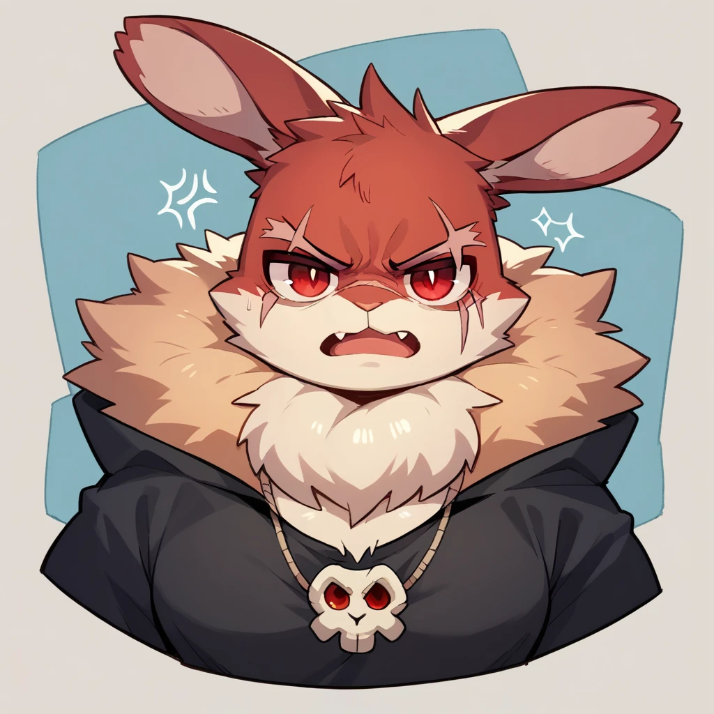 (Rabbit), anthropomorphic red rabbit, alone, Full body, (scar on left eye), (2-tone white and red fur), (neck), (perfect red eyes:1.4), （Artist:Takemoto Arashi）, twitch, mature face, older, clear facial details, Rough intimidating, , side of character, long eyelashes, fang, serius , Black shirt,  Bone necklace, exposing chest, ((show upper body)), ((Bust)), Full Length Portrait, Tonalism, Head Out of Frame, Outer Border, Tachi-E, High Details
