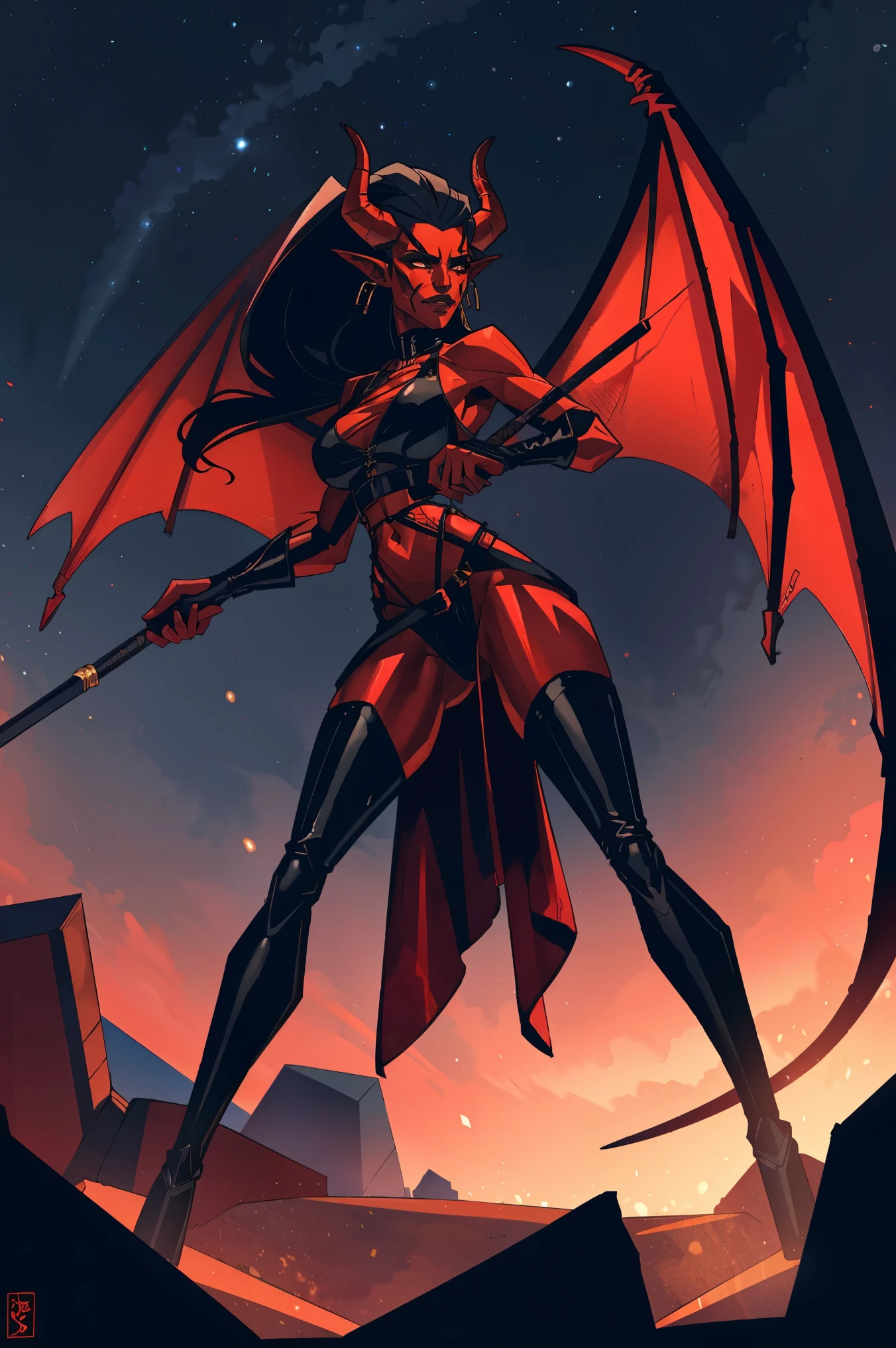 Red skin succubus tiefling, digitigrade legs, full breasts, huge breasts, black horns, wings, huge tail, black leather, crop top, long flowing pelvic curtain, tall, athletic, graceful, thin, long black ponytail. Action scene, whip. Dark scene, explosions, night sky.