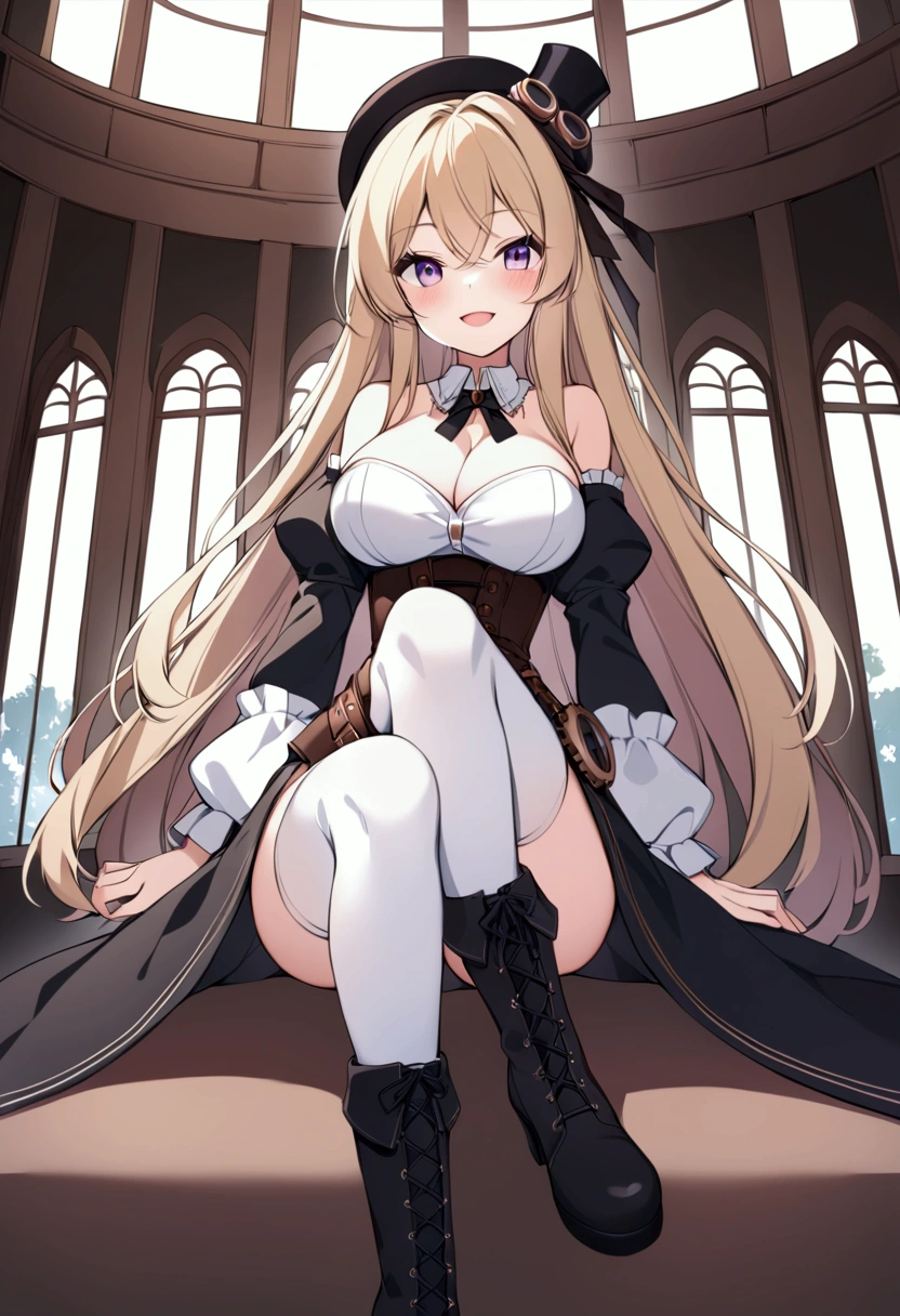 slender, mature female, breasts, 1girl, boots, detached_sleeves, hat, long_hair, thighhighs, large_breasts, steampunk, looking_at_viewer, cleavage, solo, purple_eyes, knee_boots, blond_hair, smile, sitting, long_sleeves, dress, bare_shoulders, open_mouth, high_heel_boots, black_headwear, :d, crossed_legs, hair_between_eyes, cross-laced_footwear, corset, high_heels, black_footwear, beret, bangs, juliet_sleeves, belt, frills, blush, black_dress, lace-up_boots, eyebrows_visible_through_hair, puffy_sleeves, bow, ribbon, detached_collar, white_legwear, indoors, very_long_hair, black_ribbon, black_legwear, thighhighs_under_boots, thighs, underbust, window