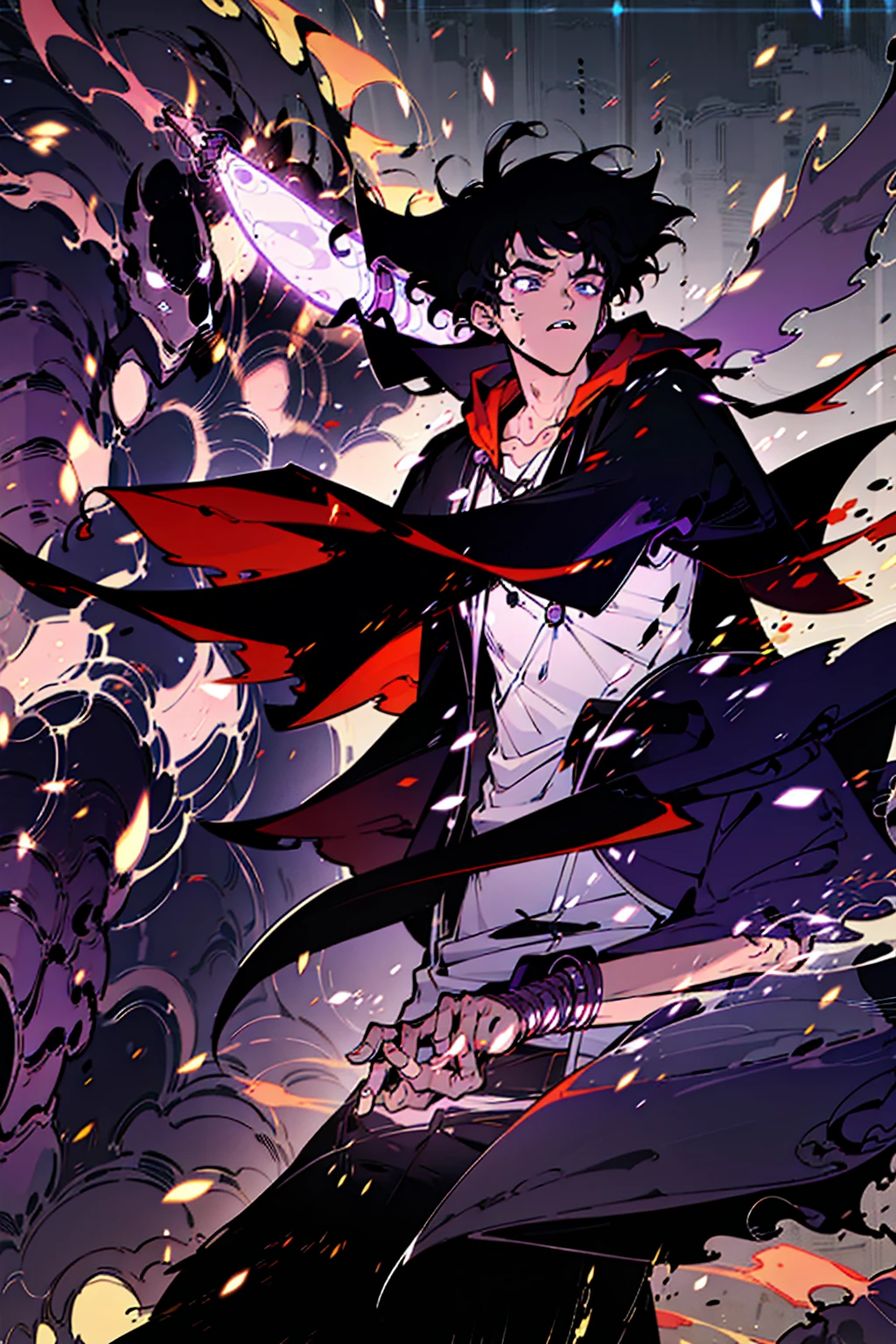 ((illustration)), (best quality)), ((masterpiece)), (detailed), ((front view)) anime, adult, male, dark hair, glowing eyes, white mage, combat boots, magic staff, arcane book, multiple belts, hoodie cloak, upper body, shadowarmy