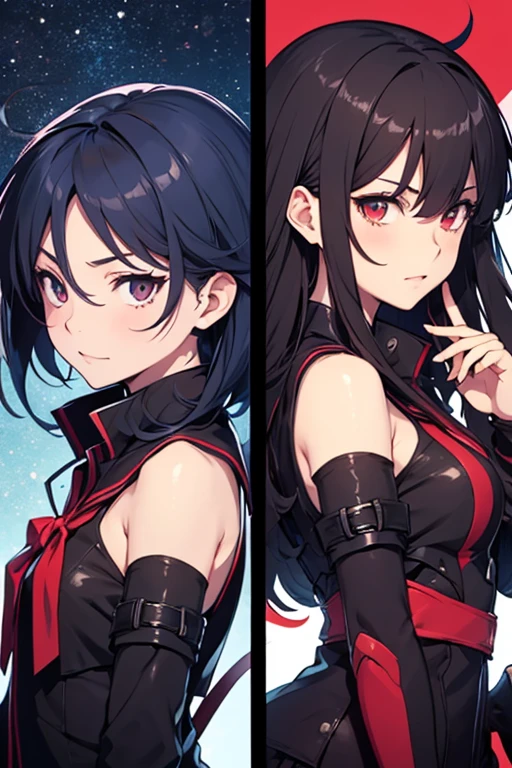 Split in the middle,Screen Split,Anime characters in a split image on a red and blue background, Gap Moe Yandere Grimdark, Anime Moe Art Style, From desire, The charming Ryuko Matoi, ryuko matoi, Devil Anime Girl, Favorite character, anime style like fate/Stay Night, Blue and Red, UFOTABLE art style, The battle between good and evil,Cure Sky,Dark Sky